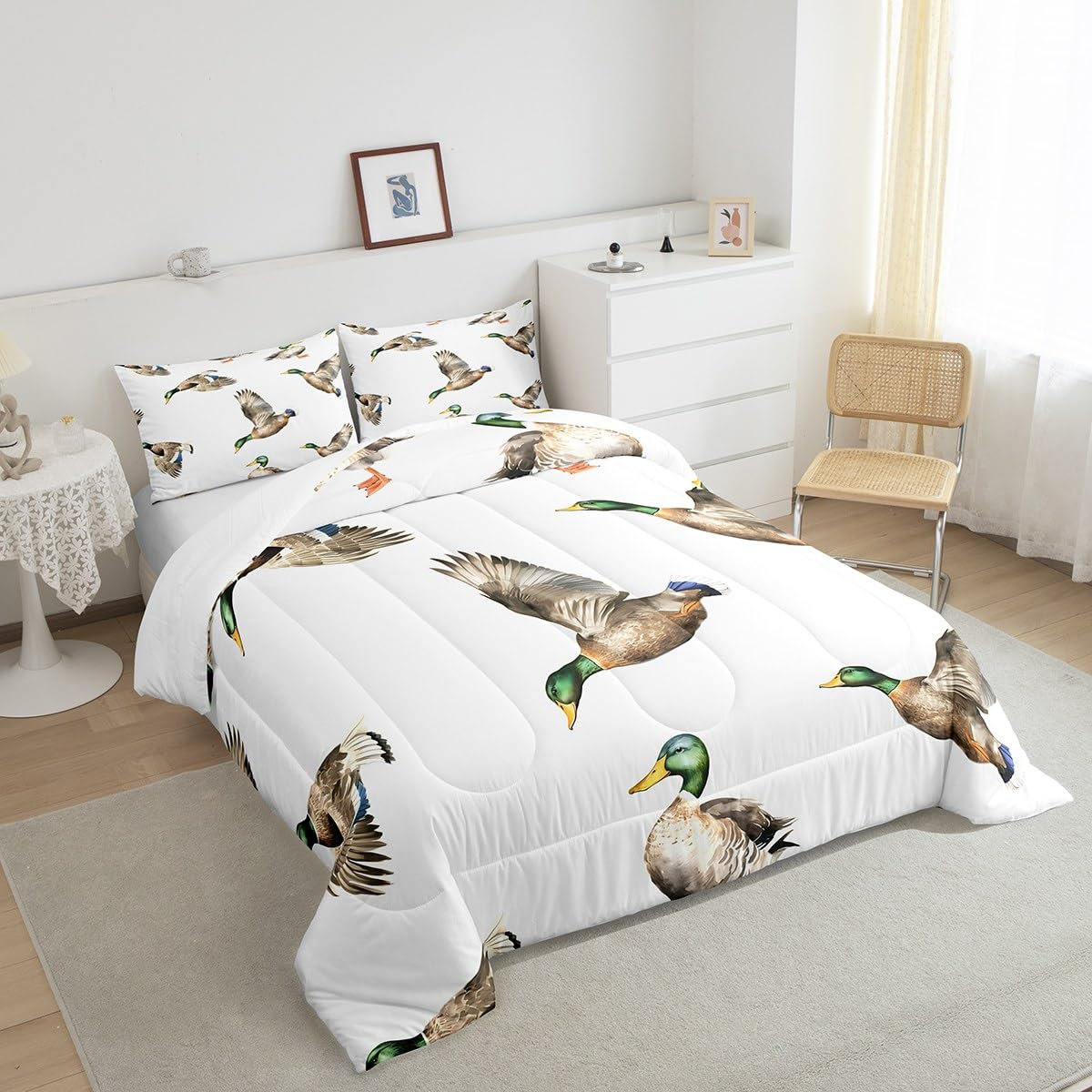 Feelyou Mallard Duck Bedding Set Hunting And Fishing Comforter Set Wild Animal Comforter For Boys Girls Kids Wildlife White Duve