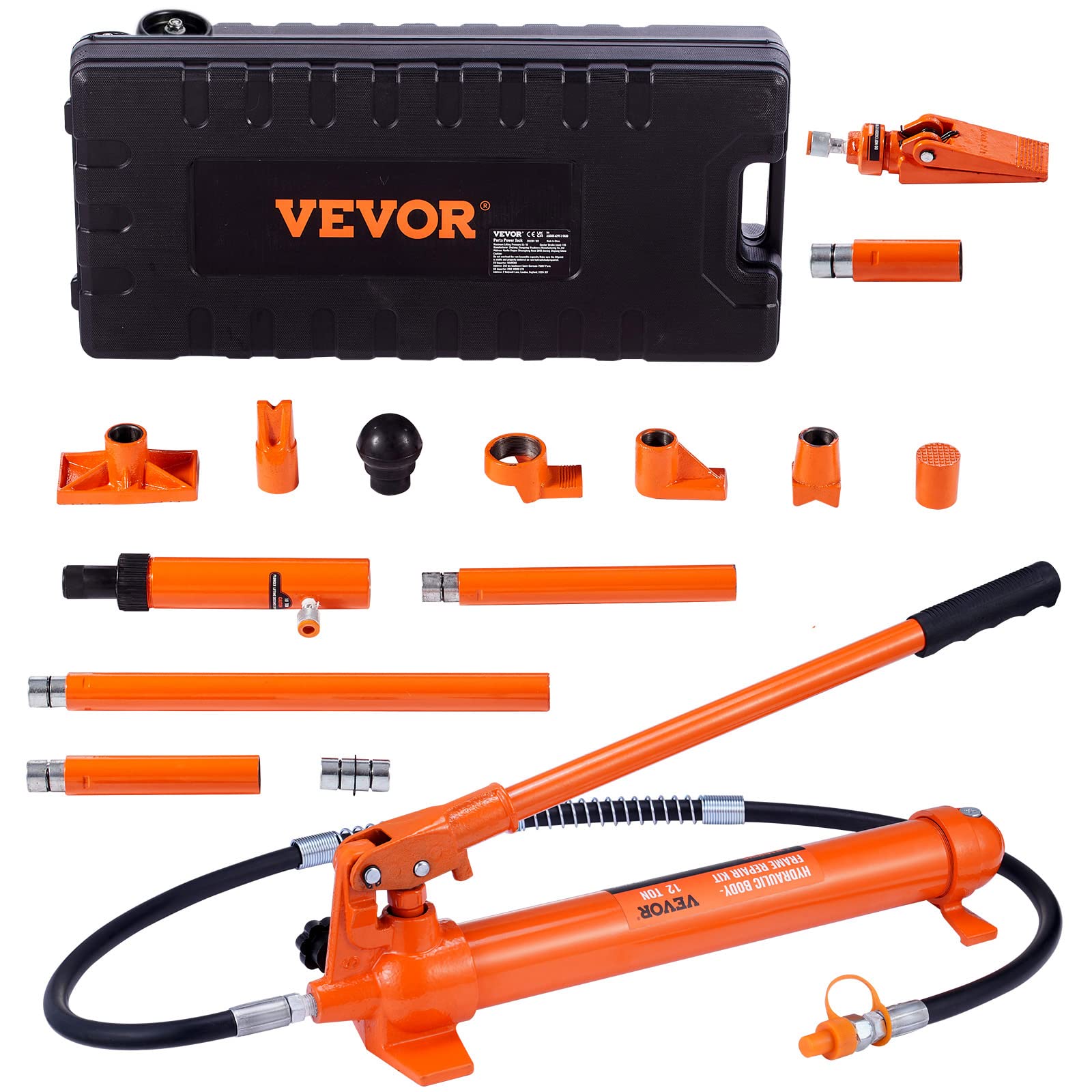 VEVOR 12 Ton Porta Power Kit, Hydraulic Ram with Pump with 4.6 ft/1.4 m Oil Hose, Portable Hydraulic Jack with Storage Case for 