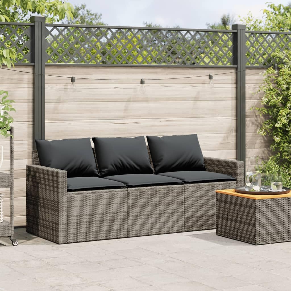 vidaXL 3 Seater Garden Sofa with Cushions PE Rattan Grey Outdoor Sofa 3 Seater Garden Sofa Four Person Garden Sofa