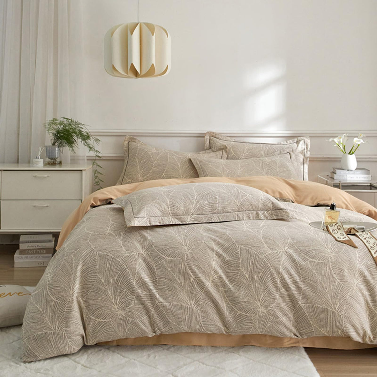Leaves Duvet Cover Queen Size Soft 3 Pieces Cotton Brushed Duvet Cover Modern Leaf Pattern Comforter Cover Farmhouse Duvet Cover
