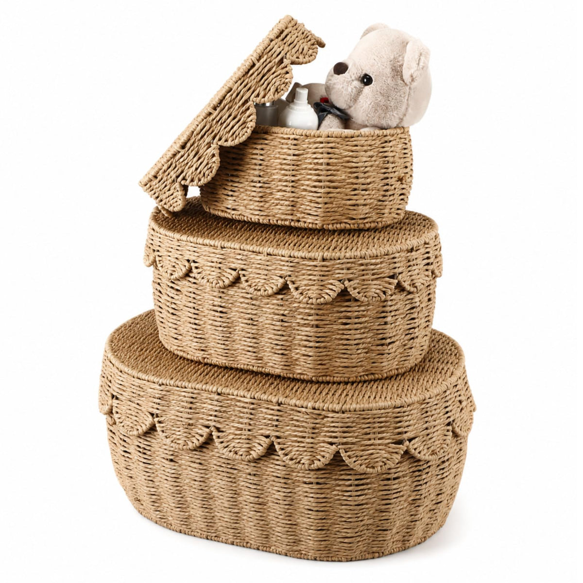 Newtay 3 Pcs Large Scalloped Wicker Rattan Storage Baskets with Lid