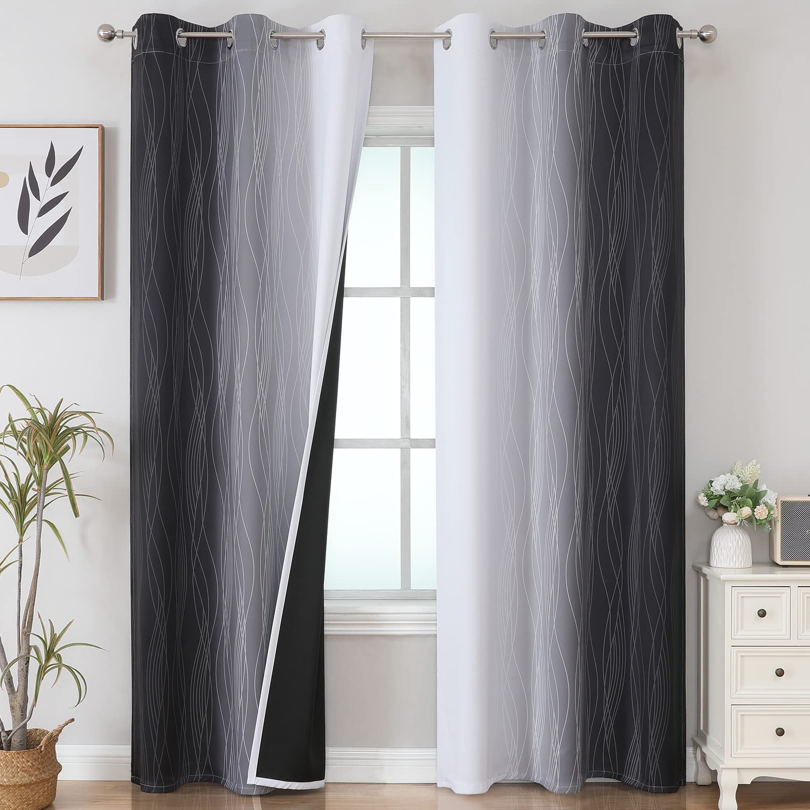 Estelar Textiler Thermal Insulated Blackout Curtains For Living Room, Ombre Black And Greyish White Blackout Drapes, Gradient Fu