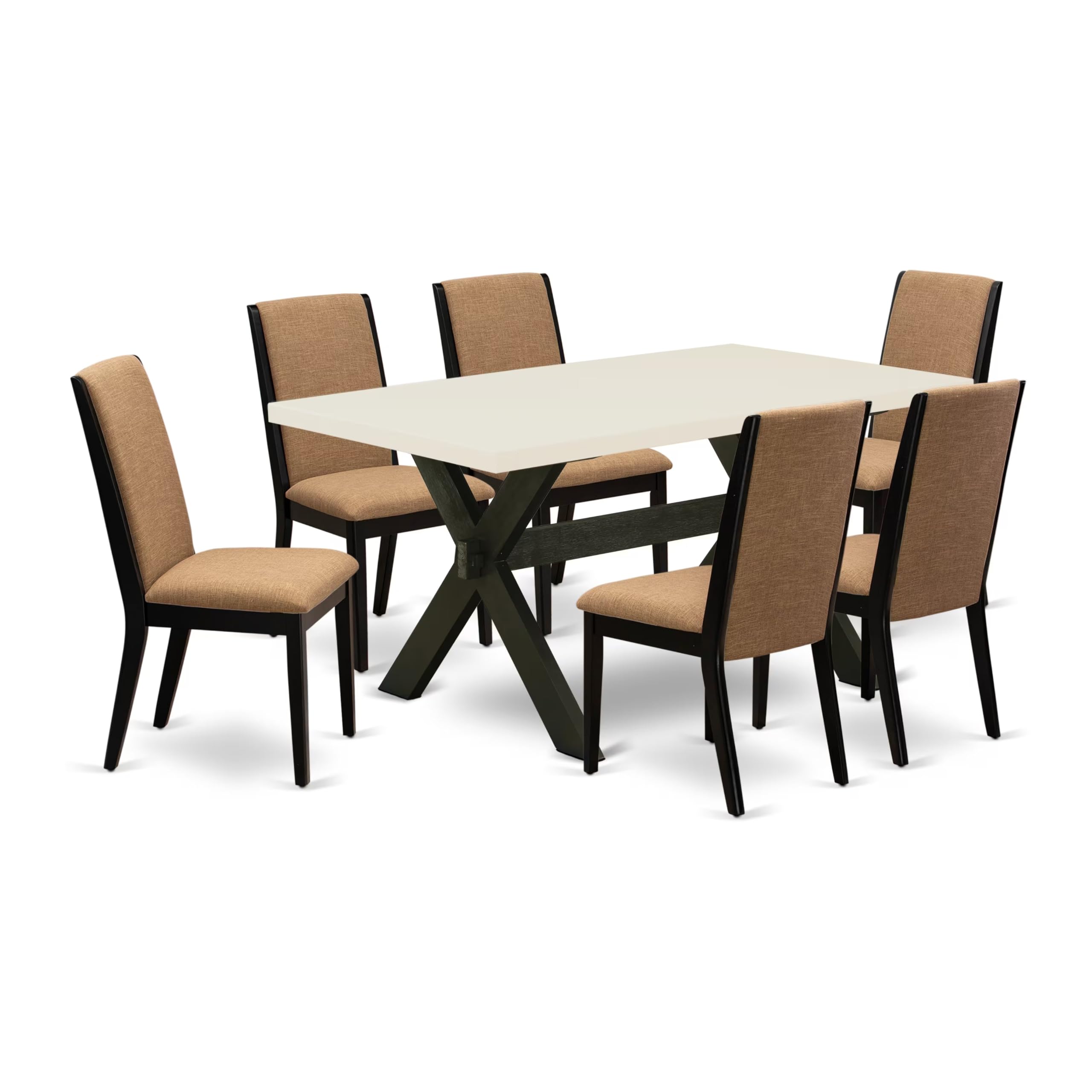 East West Furniture X626La147-7 7 Piece Dining Room Furniture Set Consist Of A Rectangle Dining Table With X-Legs And 6 Light Sable Linen Fabric Parson Chairs, 36X60 Inch, Multi-Color