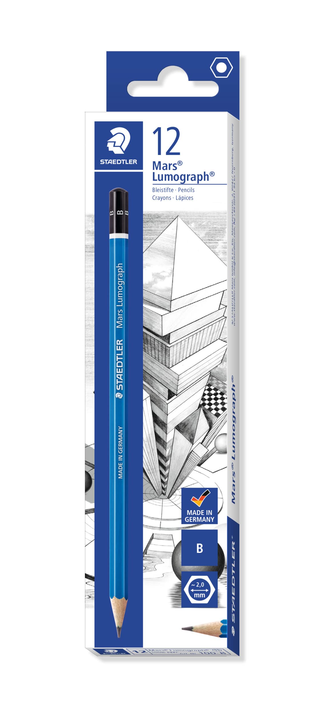 Staedtler Mars Lumograph B Graphite Art Drawing Pencil, Very Hard, Break-Resistant Bonded Lead, 12 Pack, 100-B