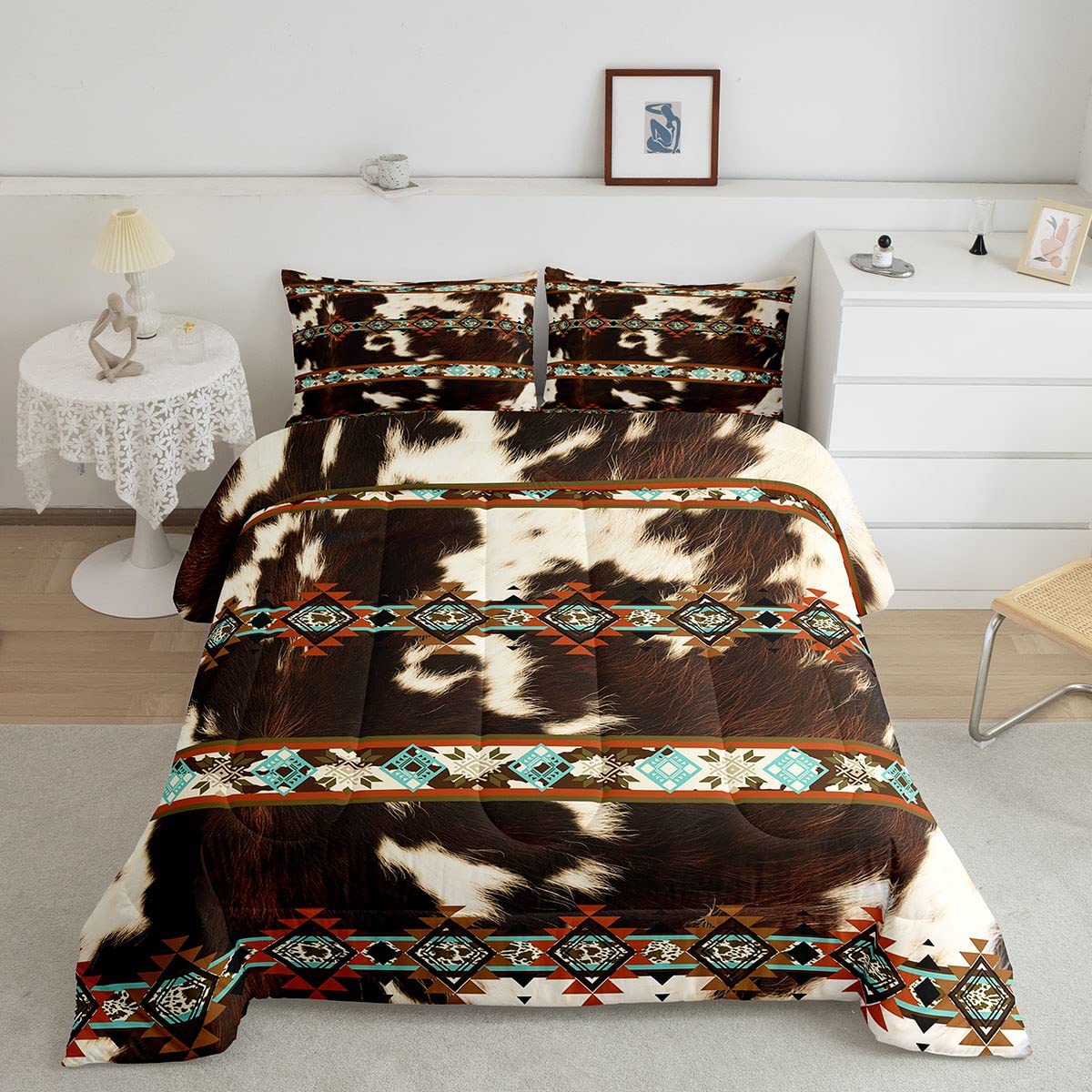 Erosebridal Cowhide Quilt Brown Highland Cow Print Queen Comforter Set,Western Bedding Set Exotic Aztec Duvet Insert,Farmhouse W