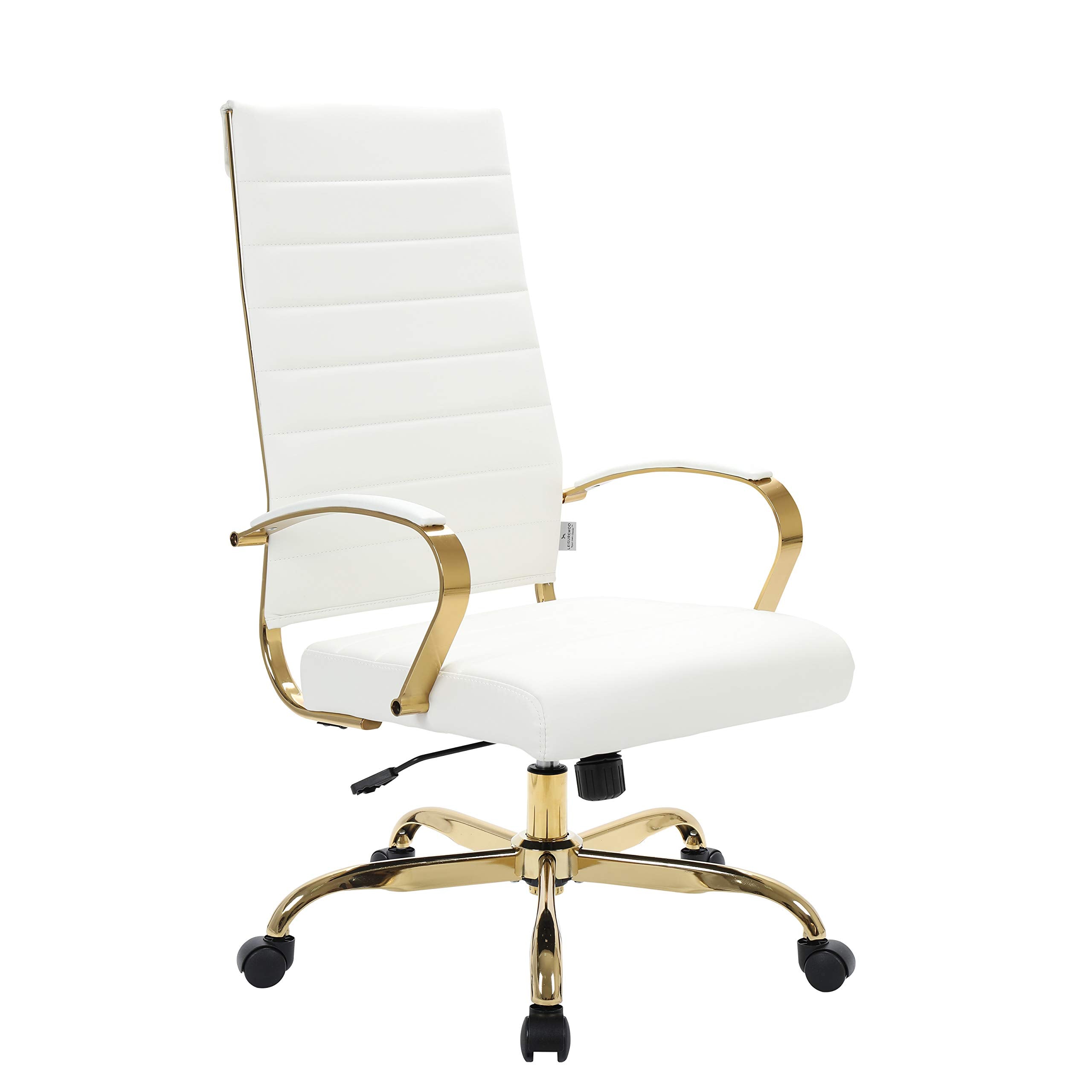 LeisureMod Benmar High-Back White Leather Office Desk Chair Ergonomic Executive Chair with Adjustable Swivel, Gold Frame with Cu
