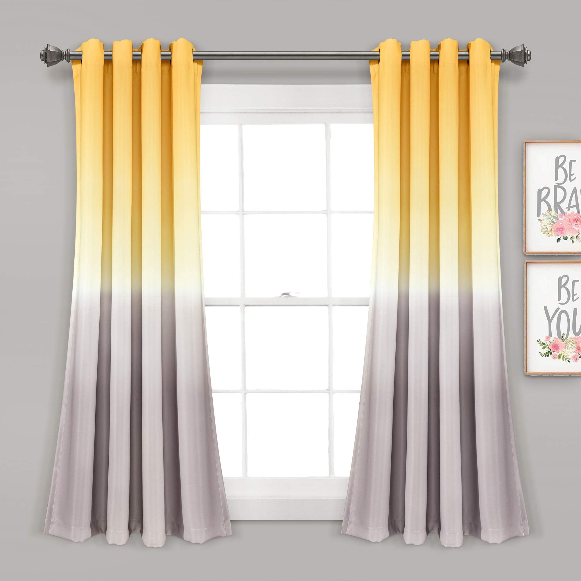 Lush Decor Umbre Fiesta Light Filtering Window Curtain Panel Pair, 52 W x 63 L, Yellow & Gray