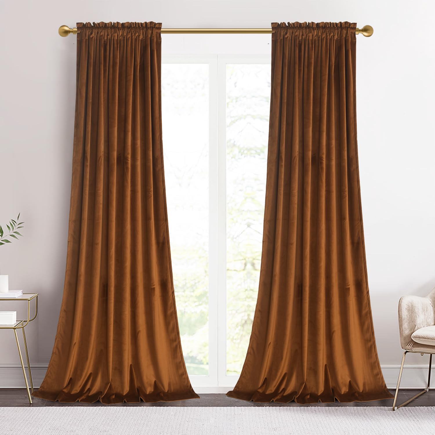 Roslynwood Luxury Soft Brown Velvet Curtains Rod Pocket Window Panels Room Darkening Curtains Energy Efficient Thick Curtain Dra