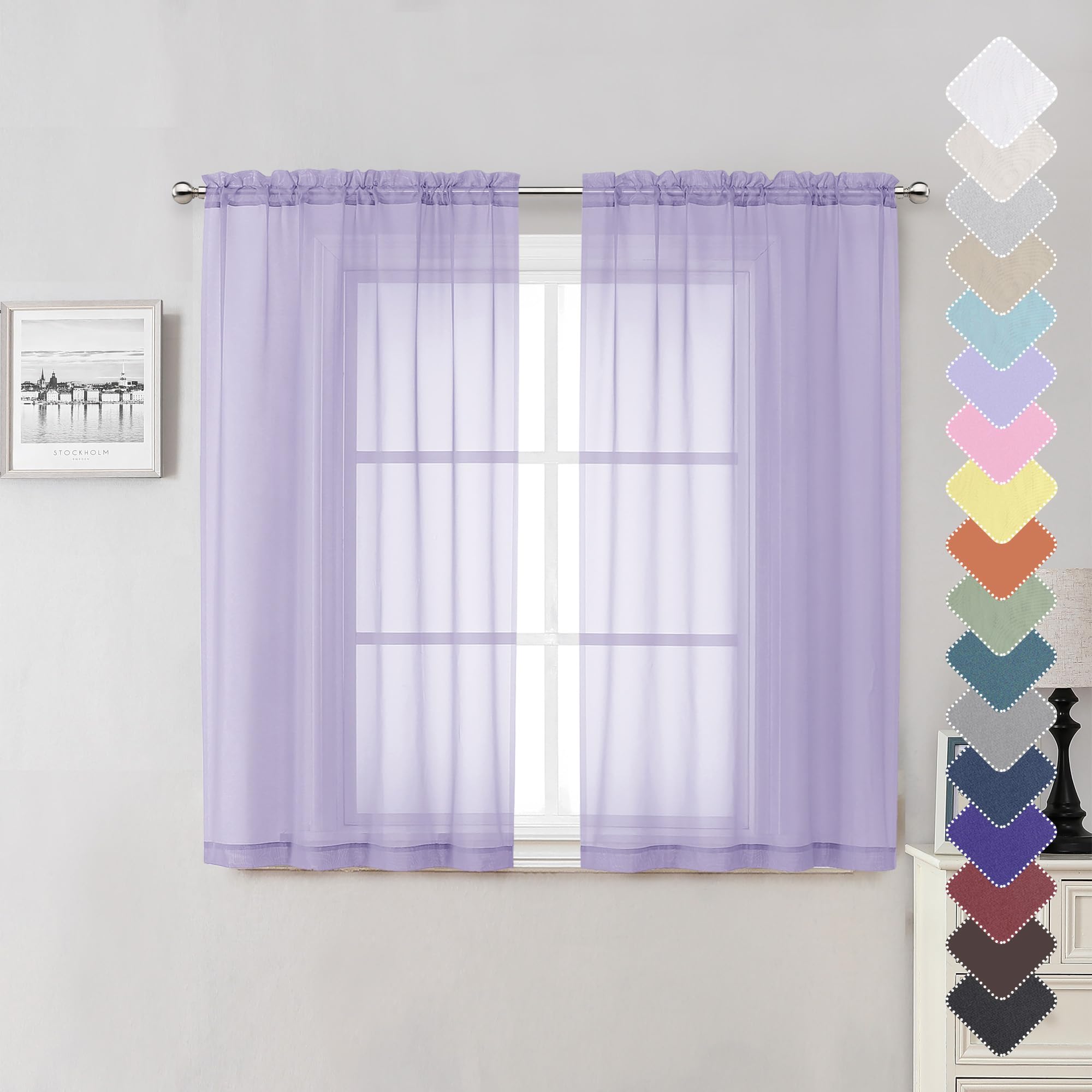 Lecloud Lavender Sheer Kitchen Curtains 54 Inch Length 2 Panels, Double Rod Pockets Window Living Room Light Purple Curtain, Bal