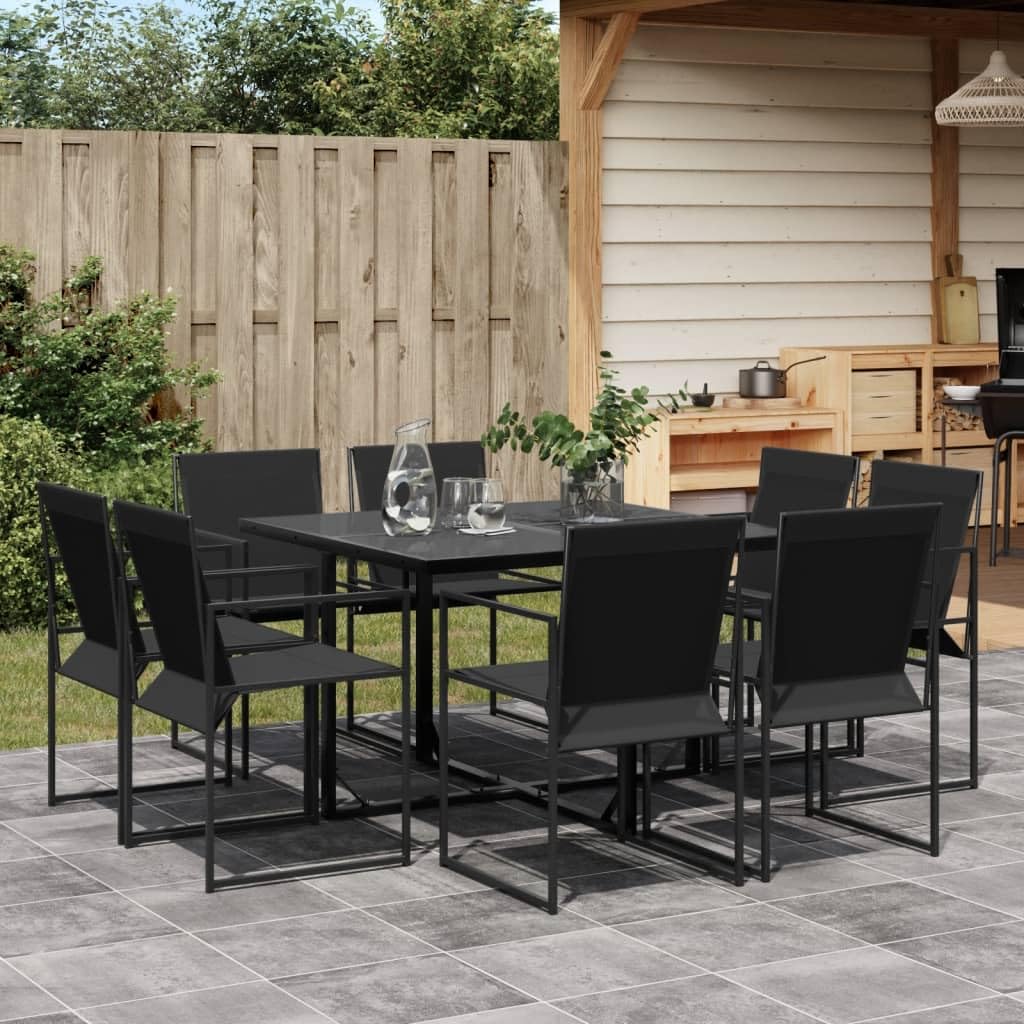 vidaXL 9 Piece Patio Dining Set - Outdoor Tempered Glass Table and 8 Black Textilene Chairs - Folding Chairs with Steel Frame