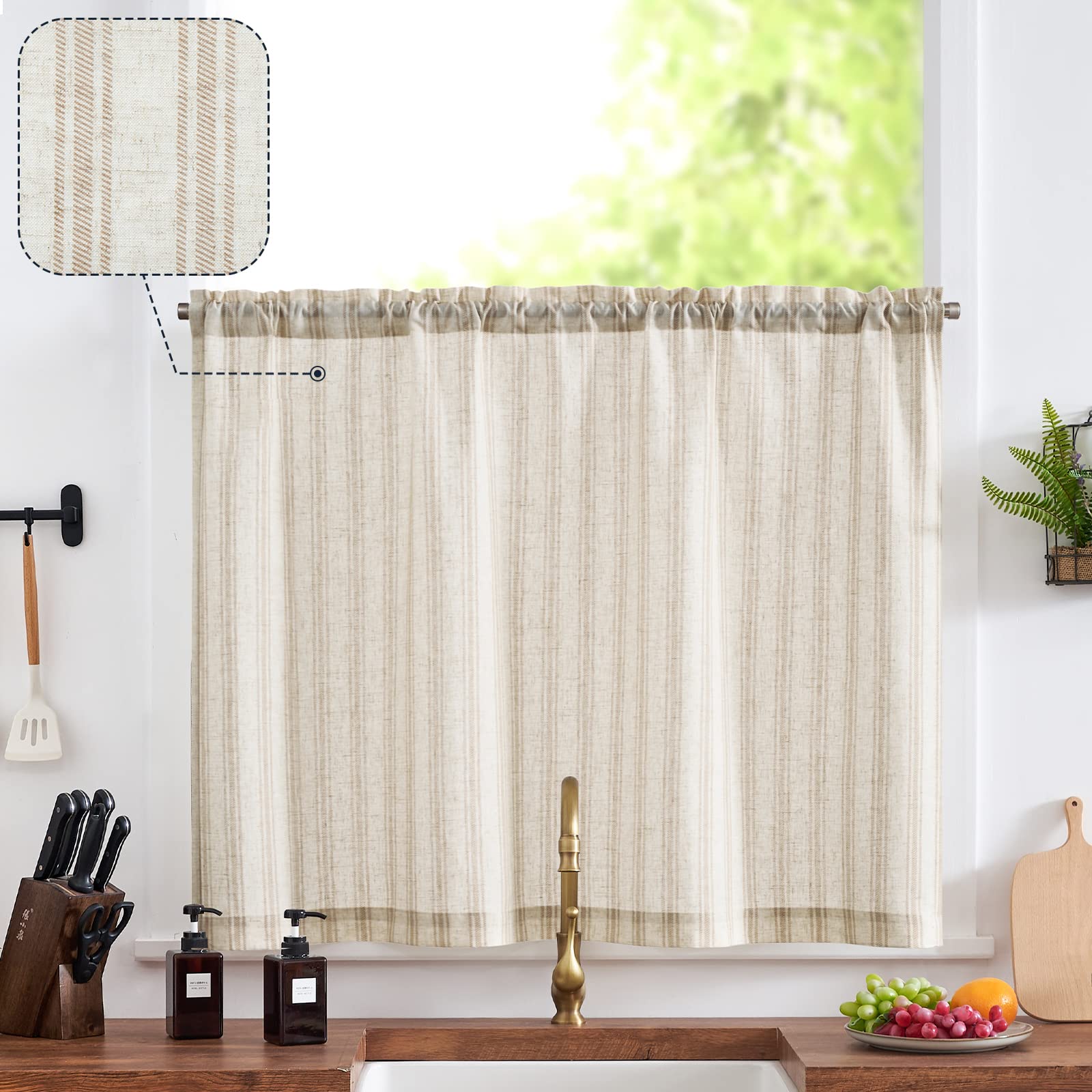 Jinchan Kitchen Curtain Linen Tier Curtain Striped Cafe Curtain 36 Inch Stripe Small Window Curtain Balanced Stripe Curtain Light Filtering Farmhouse For Bathroom Laundry Rv 1 Panel Taupe On Beige