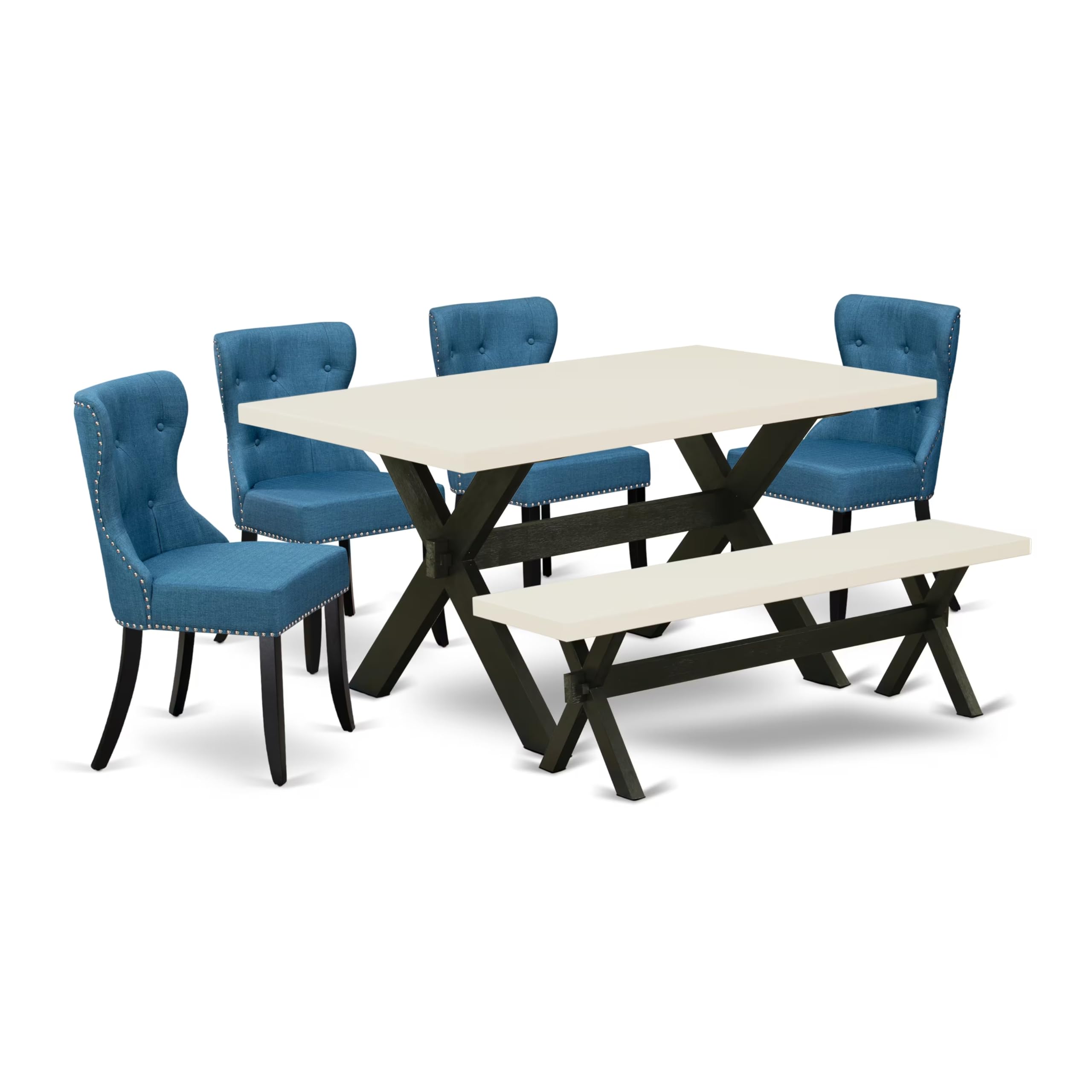 East West Furniture X626Si121-6 6 Piece Kitchen Table Set Contains A Rectangle Dining Table With X-Legs And 4 Blue Linen Fabric Parson Chairs With A Bench, 36X60 Inch, Multi-Color