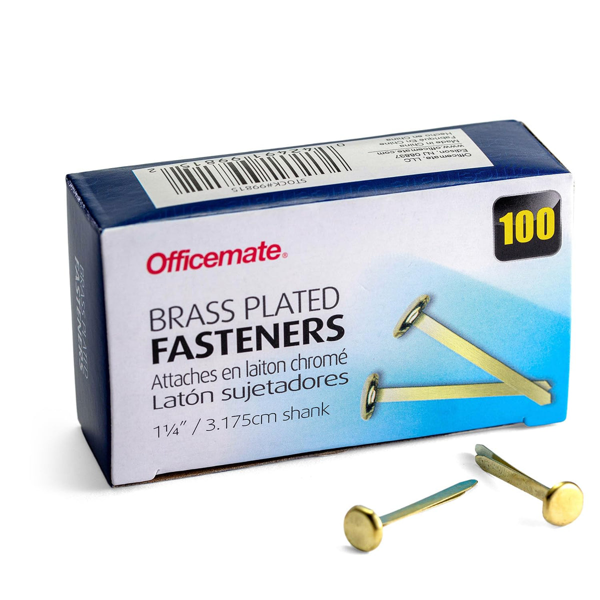 Officemate Brass Plated Fasteners, 1.25-Inch Length, 0.375-Inch Head, 100 Per Box (99815)