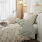 Boho Floral Duvet Cover Twin Kids Girl Garden Style Bedding Sets 100% Cotton White Beige Sage Green Floral Branches Pattern Comf