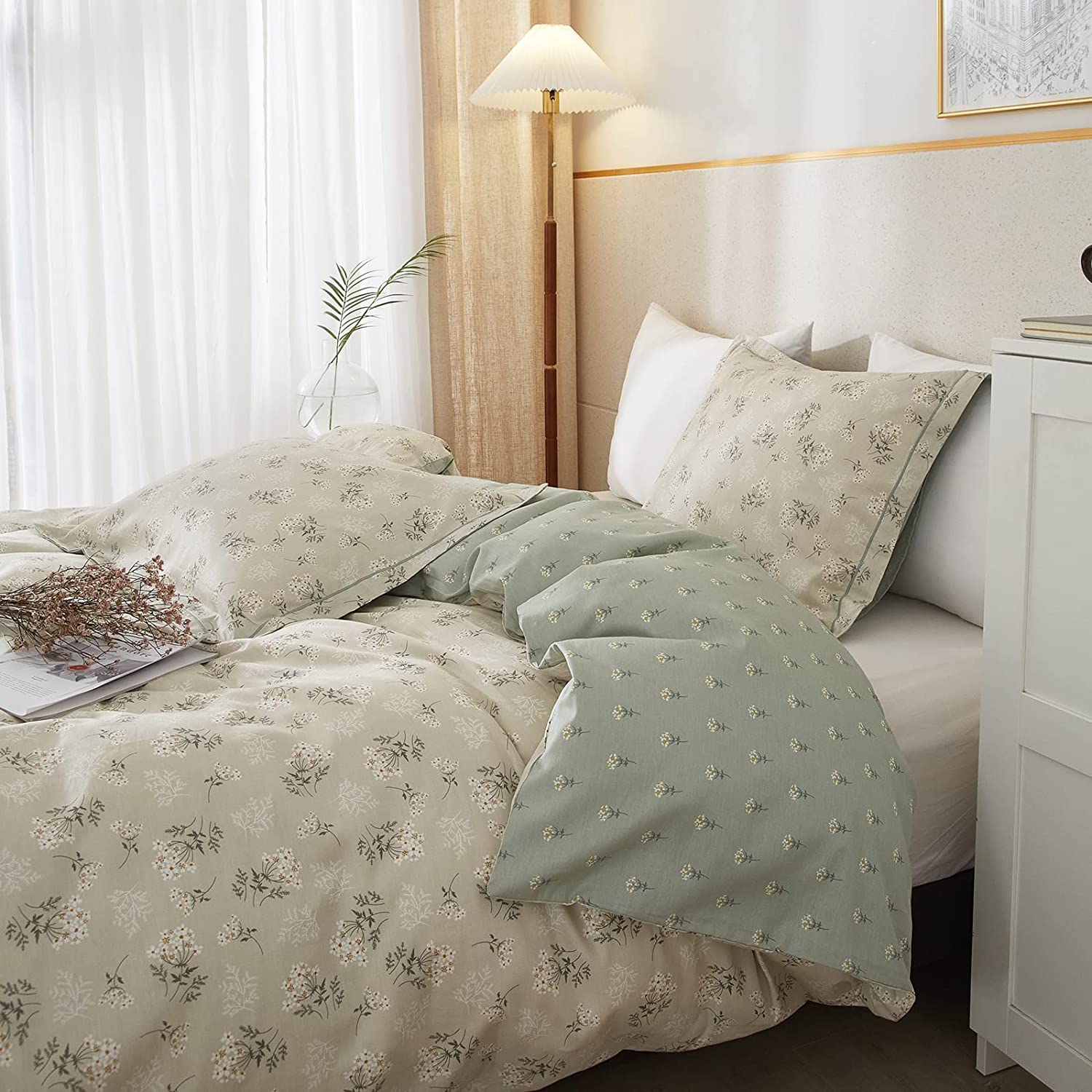 Boho Floral Duvet Cover Twin Kids Girl Garden Style Bedding Sets 100% Cotton White Beige Sage Green Floral Branches Pattern Comf