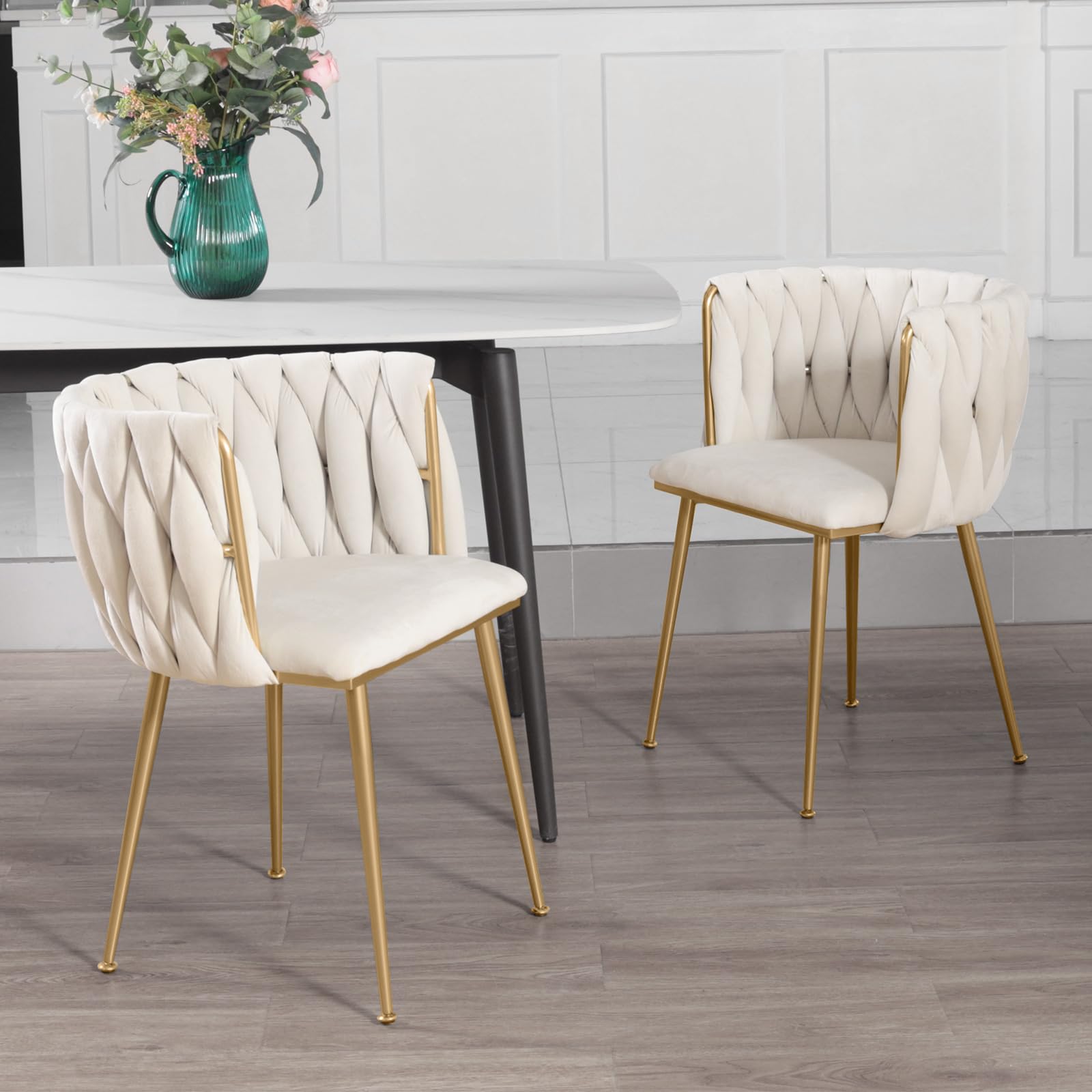 ivoros Velvet Dining Chairs Set of 2, Accent Chairs with Gold Metal Legs, Woven Upholstered Dining Chairs for Living Room/Bedroo