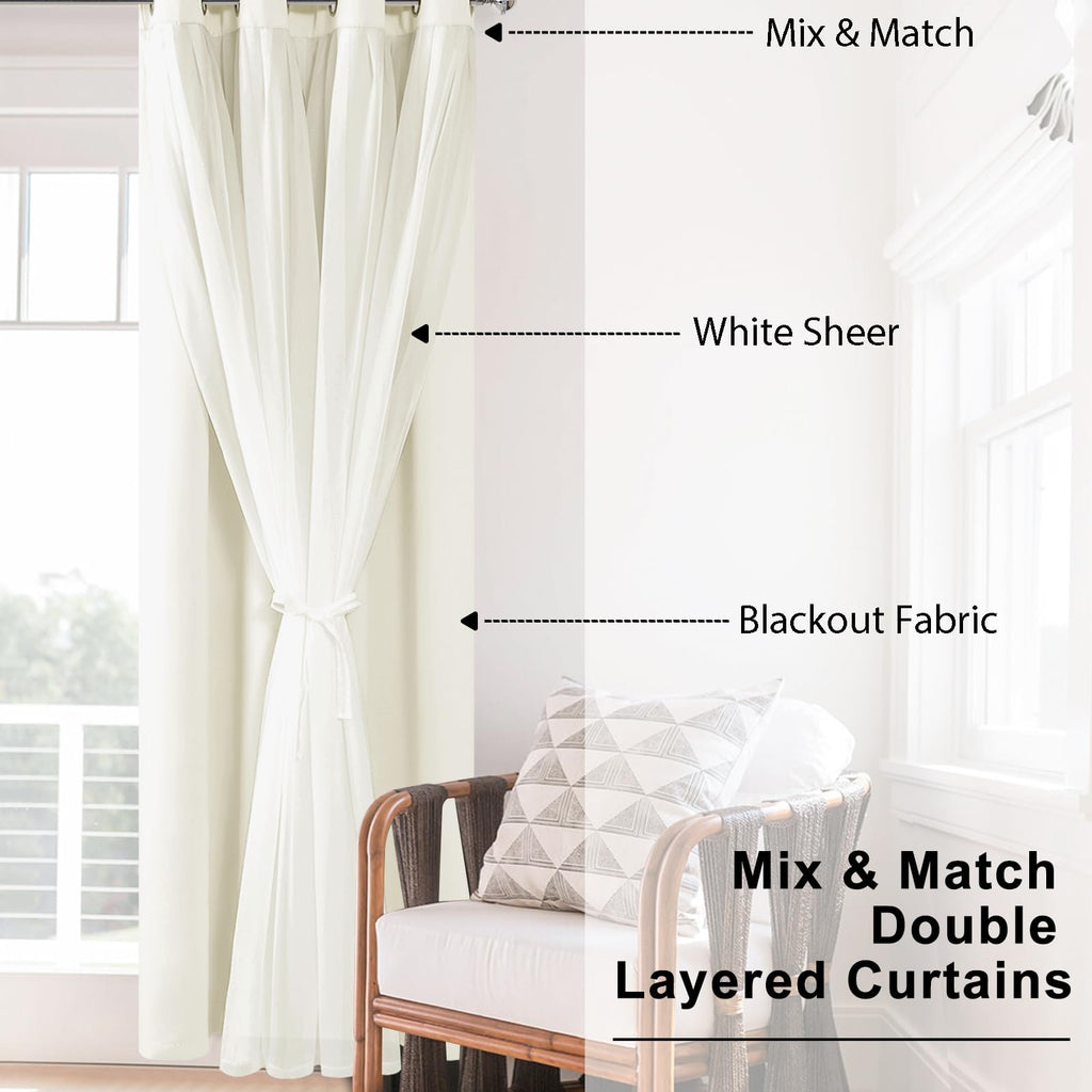 Hiasan Ivory Blackout Curtains With Sheer Overlay, Grommet Thermal Insulated Mix & Match Double Layer Window Curtains For Girls