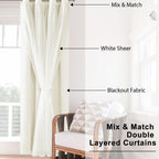 Hiasan Ivory Blackout Curtains With Sheer Overlay, Grommet Thermal Insulated Mix & Match Double Layer Window Curtains For Girls