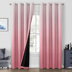 Homeideas 100% Pink Blackout Curtains For Bedroom, Ombre Room Darkening Curtains For Living Room 52 X 96 Inches Long Grommet Gra