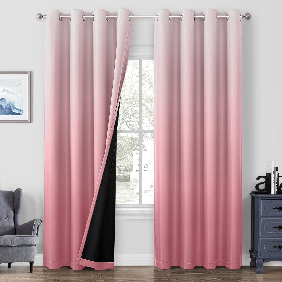 Homeideas 100% Pink Blackout Curtains For Bedroom, Ombre Room Darkening Curtains For Living Room 52 X 84 Inches Long Grommet Gra