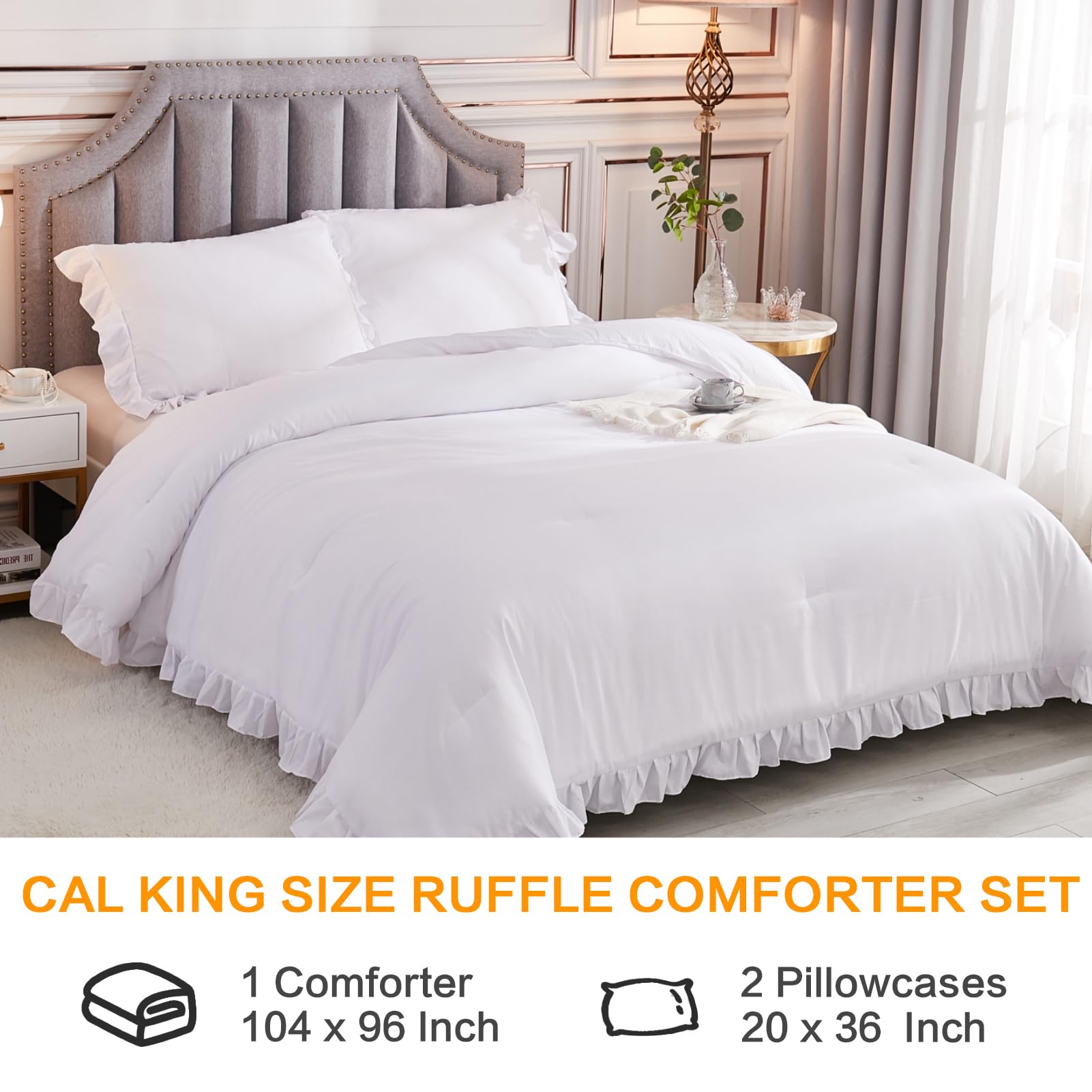 Andency White California King Comforter Set, 3 Pieces Shabby Chic Ruffle Solid Cal King Bedding Sets, Oversized All Season Soft Lightweight Down Alternative Bed Set For Adults Men Women
