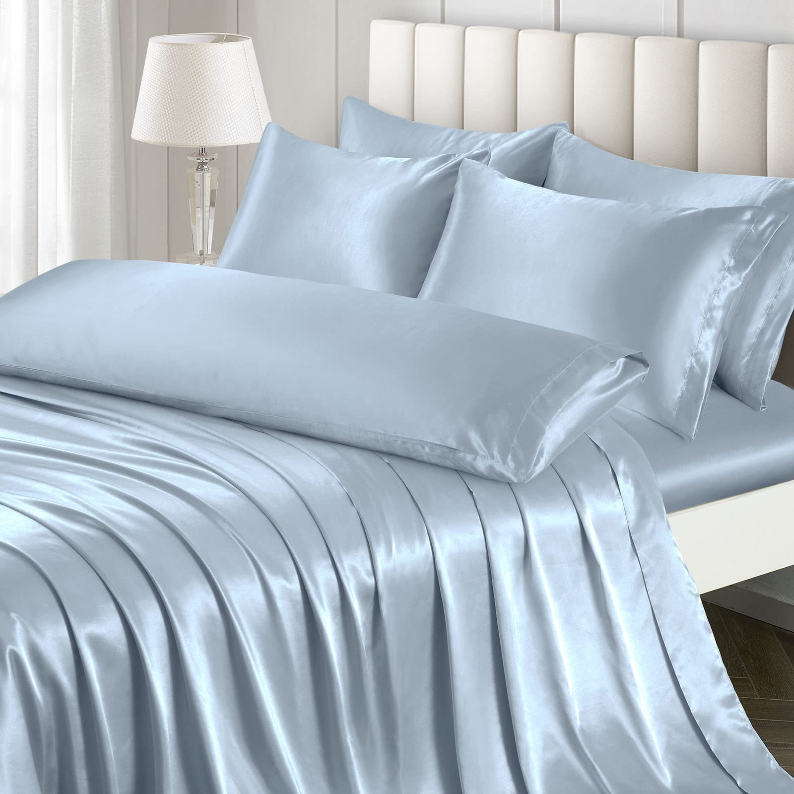 Ersmak 7 Pieces Satin Sheets Set King Size, Luxury Silky Light Blue Satin Bed Sheets Set with 1 Deep Pocket Fitted Sheet, 1 Soft