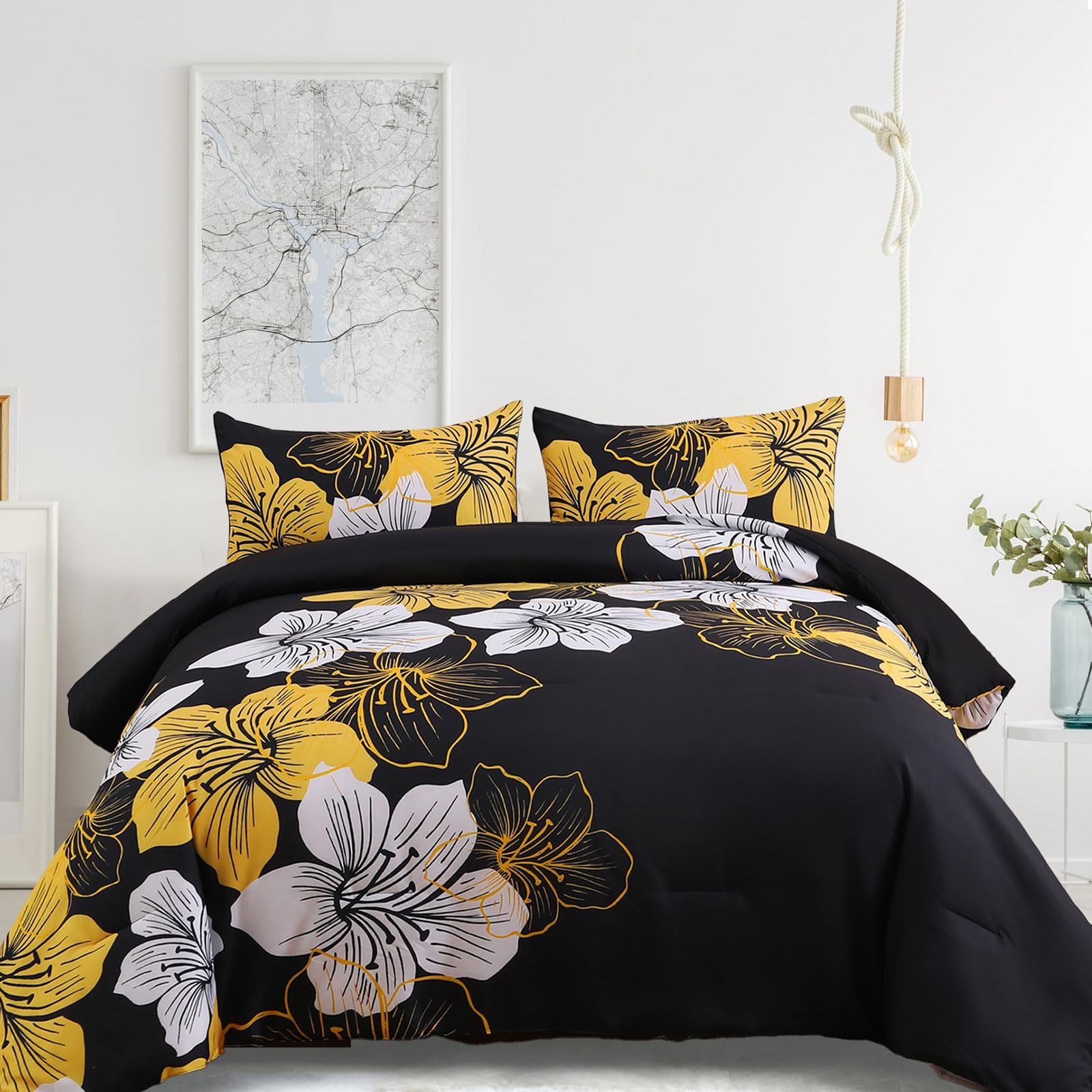 Menghomeus Queen Comforter Set Black/Gold Floral Bedding Comforter Sets - Soft Microfiber Bed Comforter Set For All Season, 3 Pi