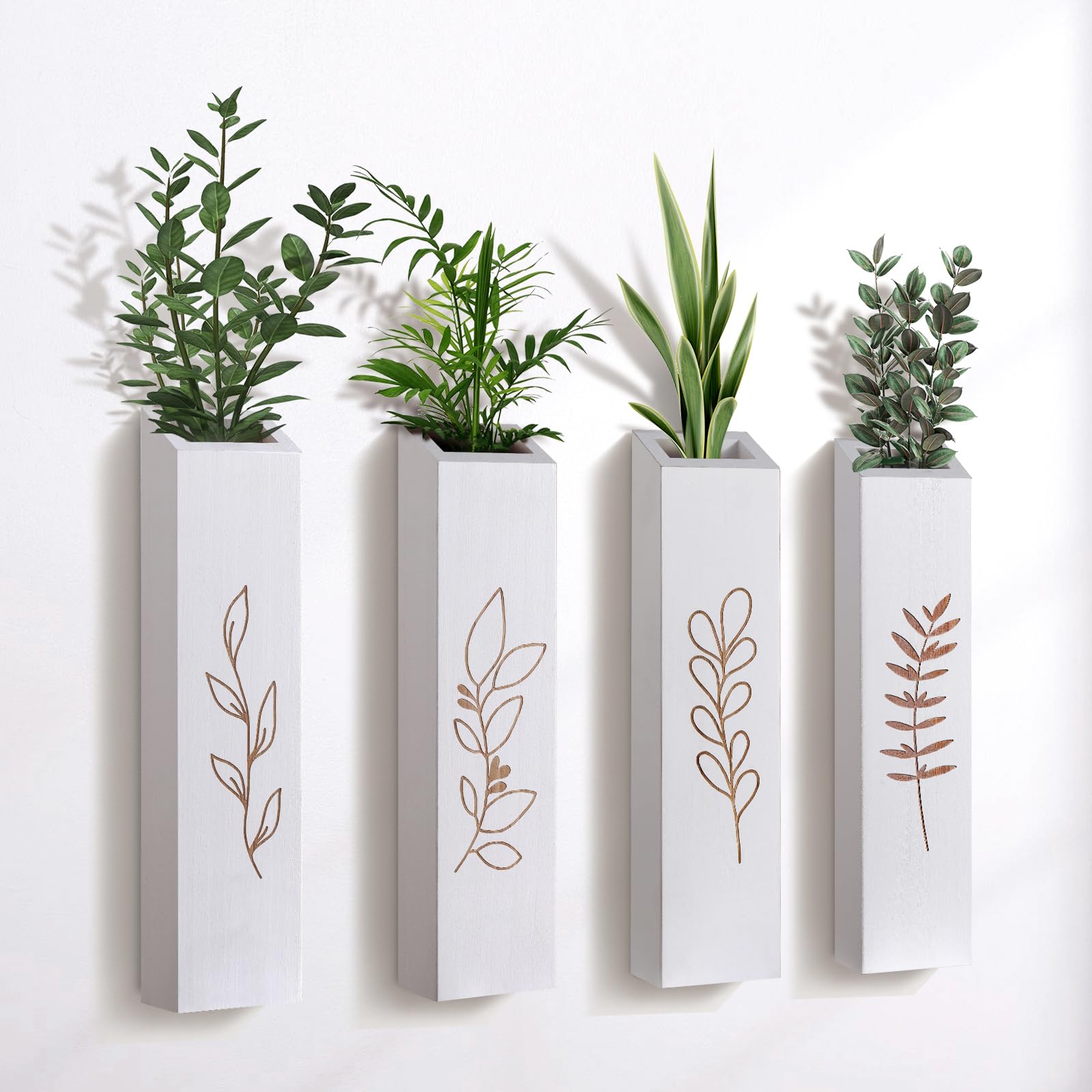 BOTOP Wood Wall Planter, Farmhouse 4 Pack Indoor Pocket Wall Vases Decor for Living Room Bedroom Dried Flowers Faux Greenery Pla