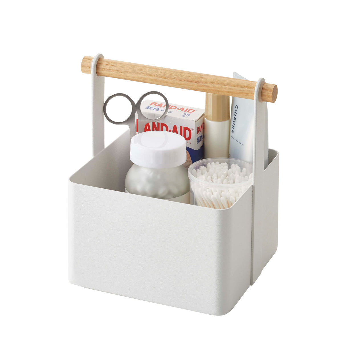 Yamazaki Home Tosca Storage Basket - Wood Handle Organizer - Small - Steel + Wood, 5.12 x 6.3 x 6.3 inches