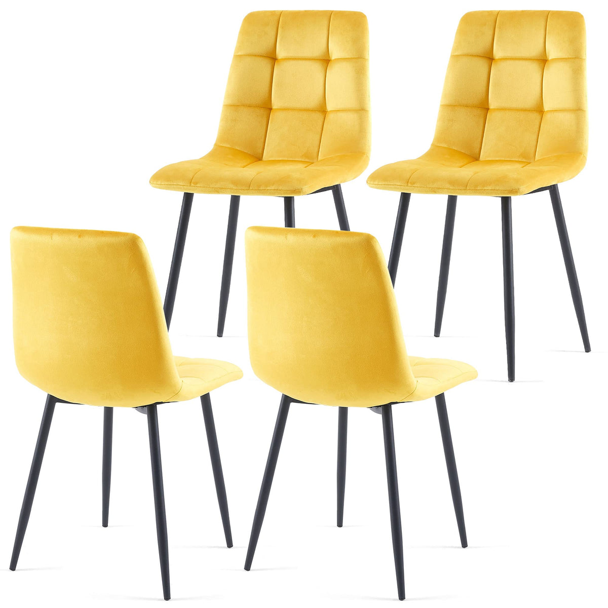 Nordicana Yellow Velvet Dinner Chairs Set Of 4, Modern Armless Biscuit Tufted Dining Side Chairs With Metal Legs For Kitchen Liv
