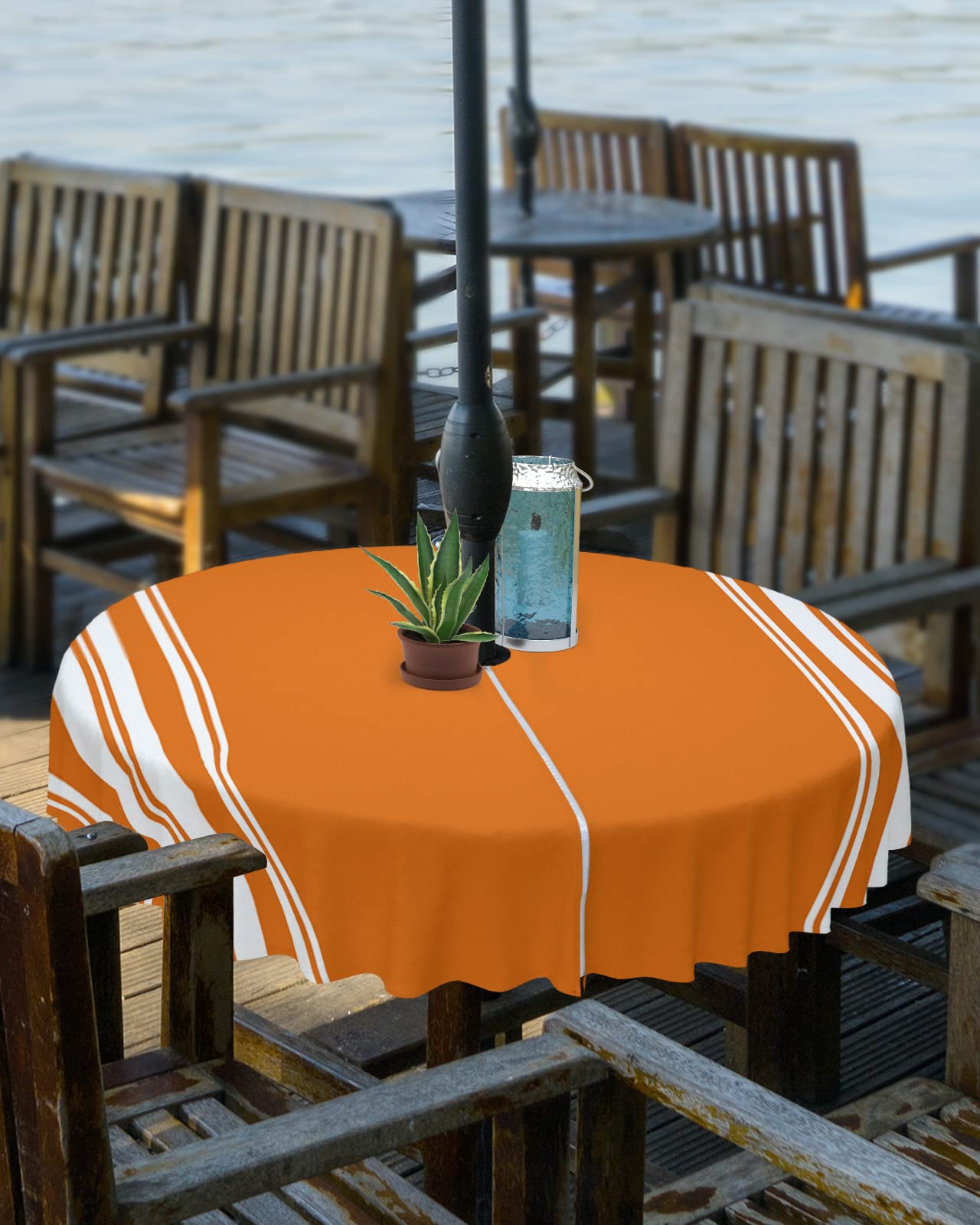 Fall Outdoor Tablecloth With Umbrella Hole, Farmhouse Orange White Stripe Round Tables Zippered Table Cloth Waterproof Tabletop
