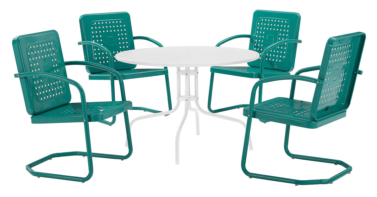 Crosley Furniture Bates 5-Piece Outdoor Dining Set for 4, Retro Metal Round Patio Table and Chairs for Deck, Turquoise Gloss