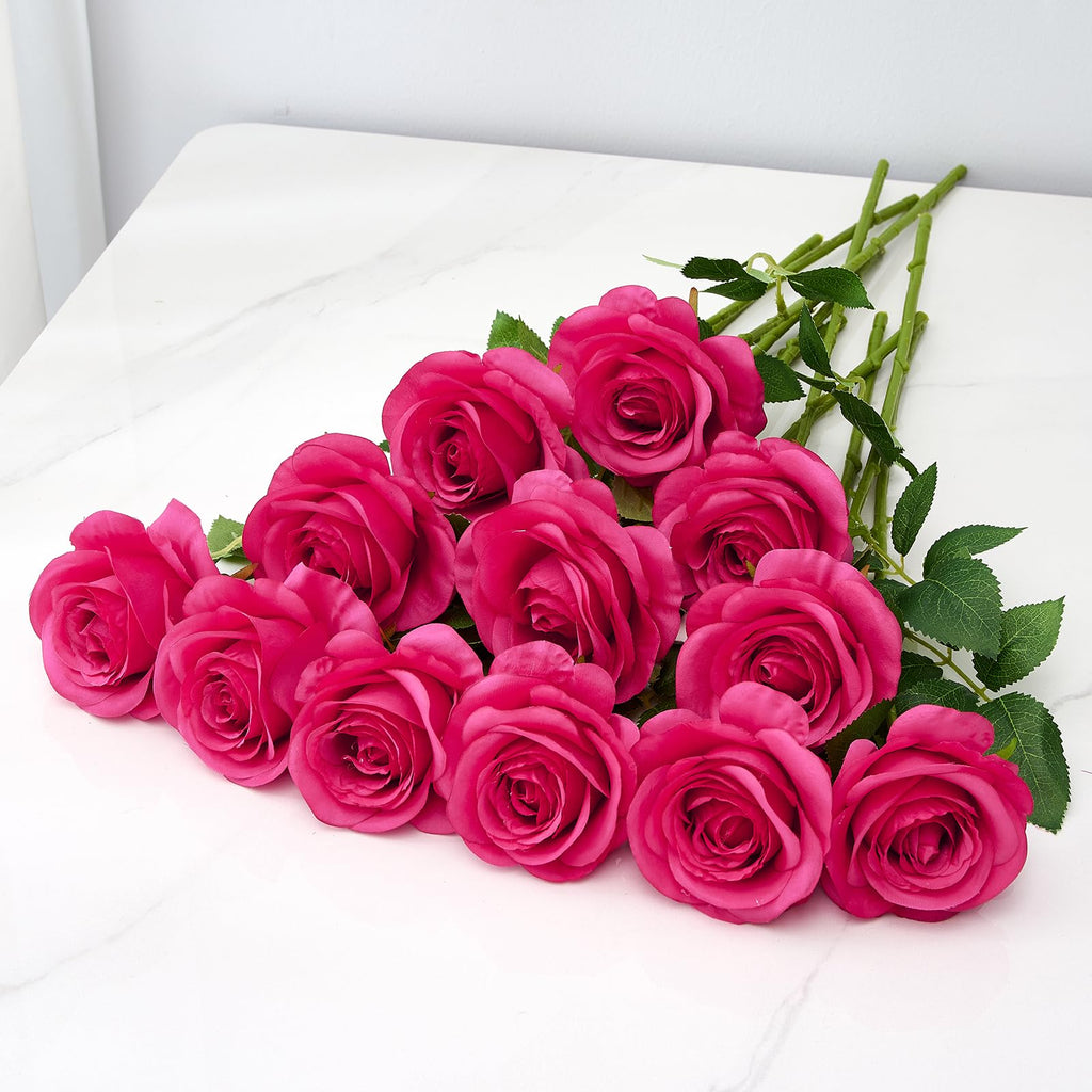 Helera 12Pc Hot Pink Roses Artificial Flowers Fake Roses Silk Roses Flowers With Long Stems For Wedding Home Party Centerpieces