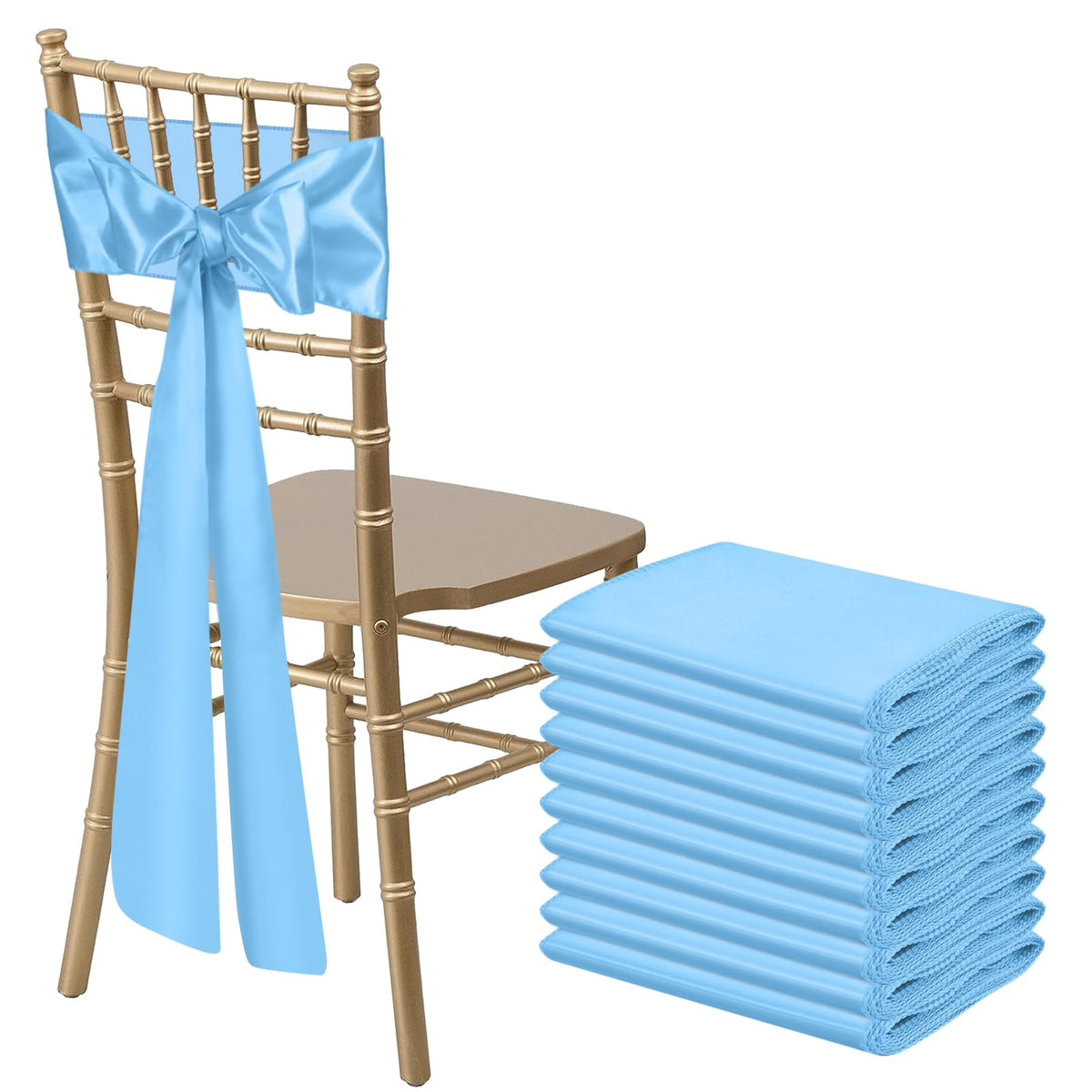 Bouiexye 50 Pcs Baby Blue Satin Chair Sashes Bows Universal Chair Ribbon Ties Back Sash For Wedding Party Reception Events Banqu