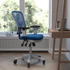 Flash Furniture Nicholas Mid-Back Multifunction Executive Swivel Ergonomic Office Chair With Adjustable Arms, Transparent Roller Wheels, And White Frame, 27&Quot;, Blue Mesh