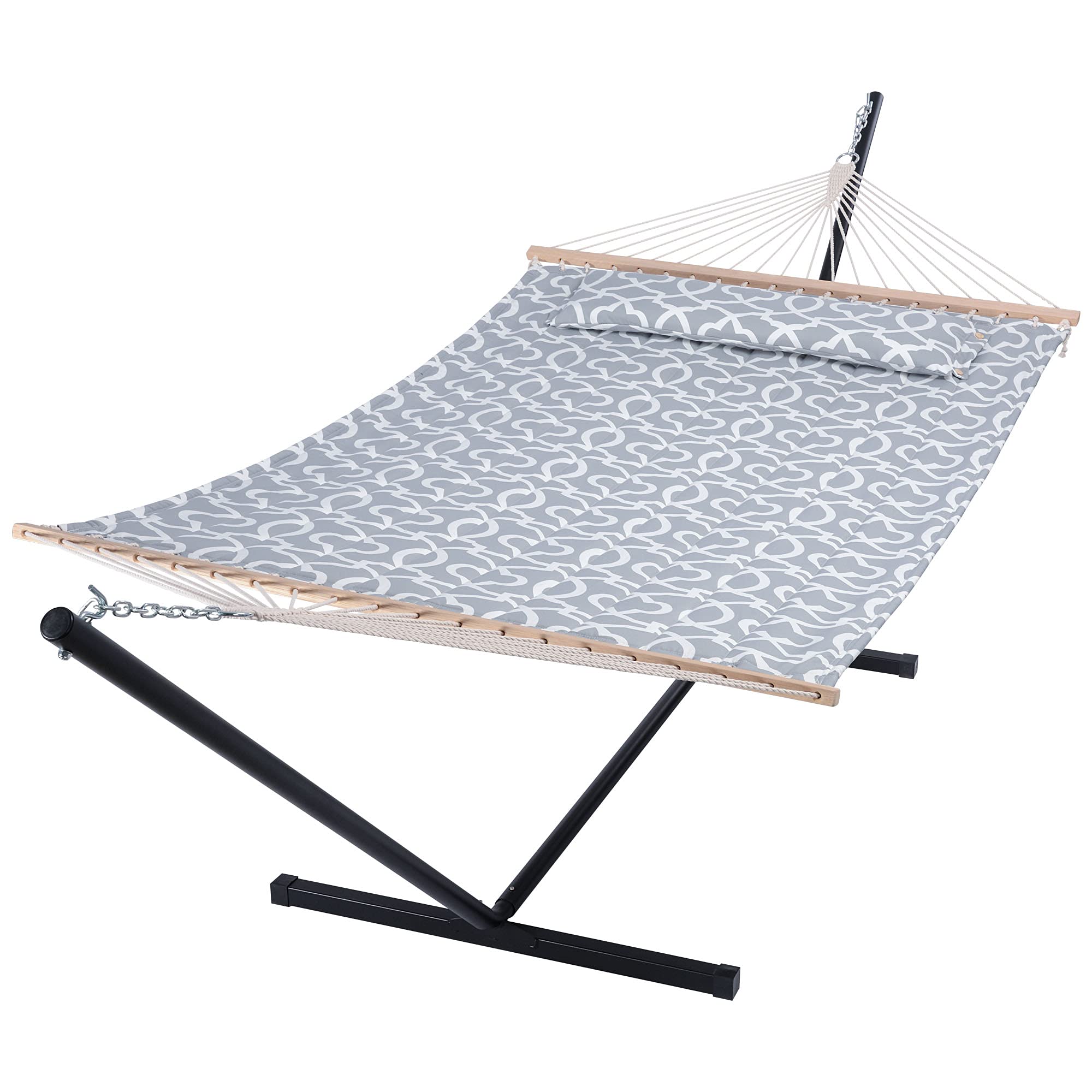Suncreat 55 Inch Extra Large Double Hammock With Stand, 475Lbs Capacity, Outdoor Portable Hammock With Hardwood Spreader Bar, Extra Large Pillow, Grey