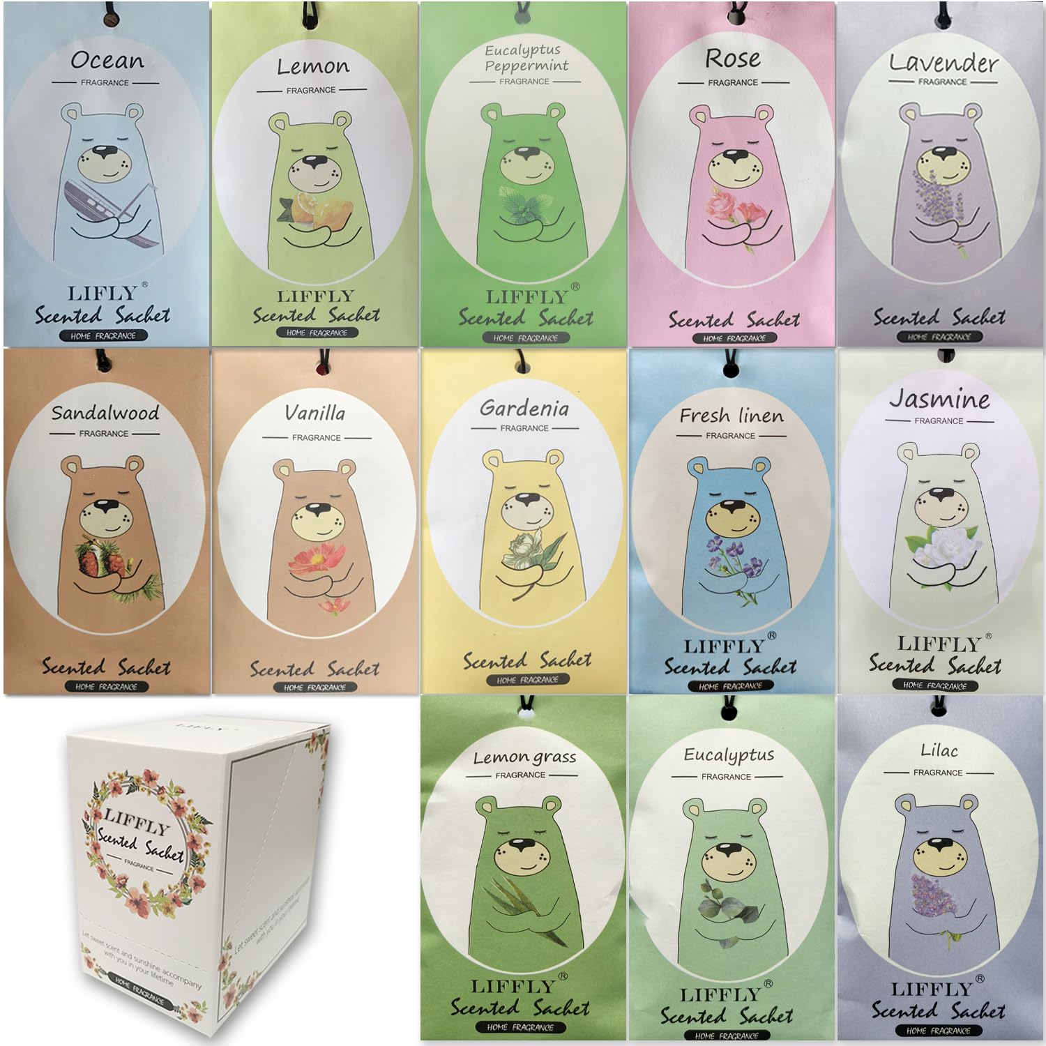 LIFFLY 13 Scents Scented Sachets for Drawers and Closets Air Freshener Home Fragrance Sachet Total 14 Packs Gift Box