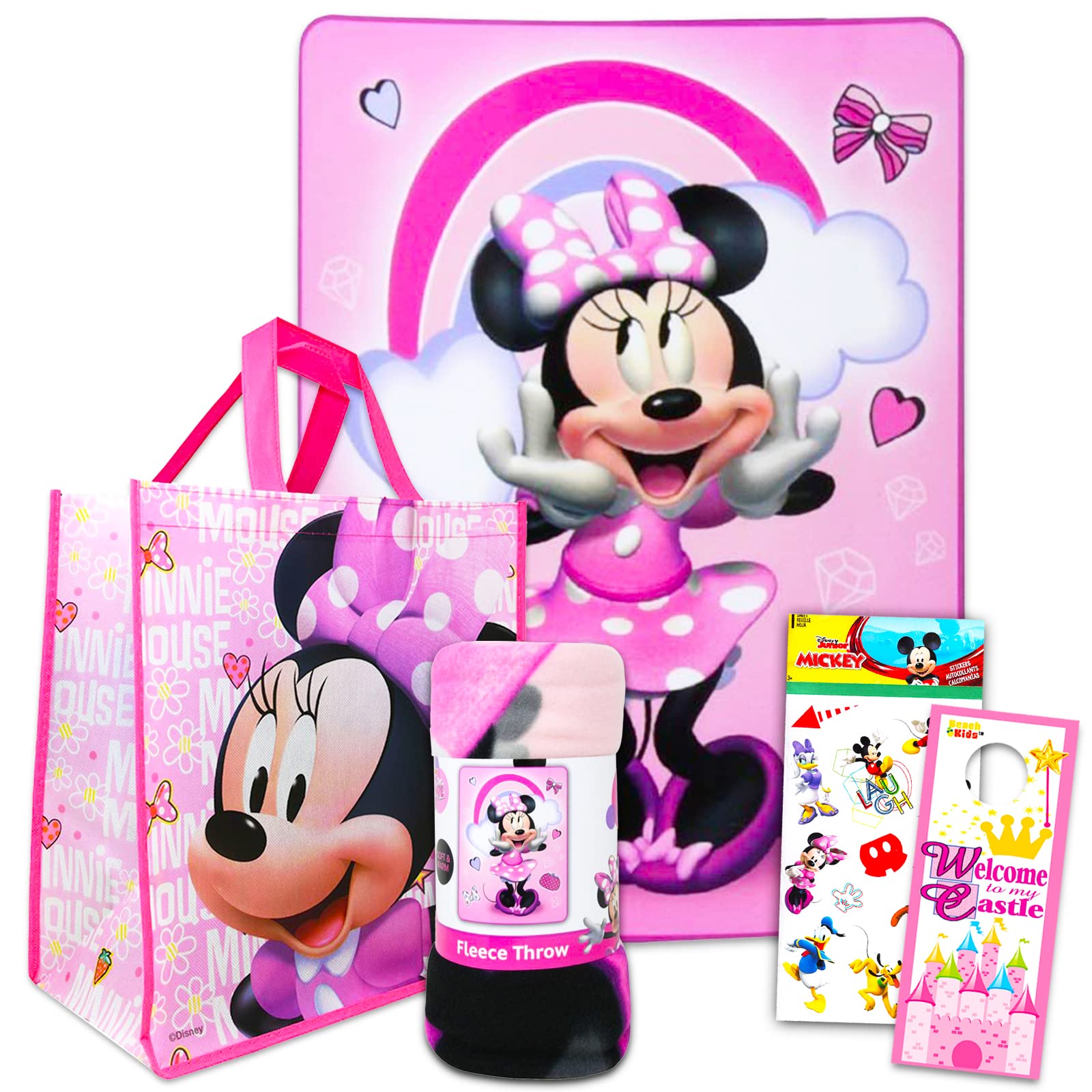 Disney Minnie Mouse Fleece Blanket Sleepover Set For Girls - Bundle With 45X60 Inch Minnie Throw Blanket, Drawstring Bag, Sticke