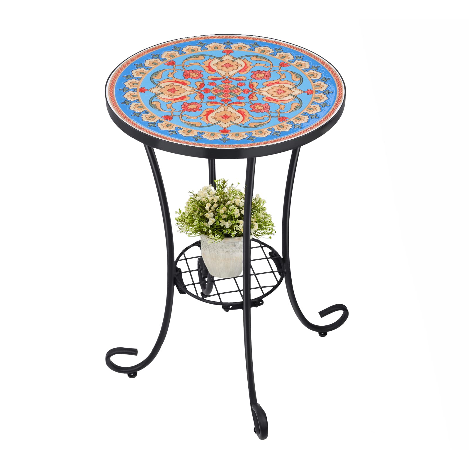 Vcuteka Outdoor Side Table Mosaic Patio Table Accent Table Mosaic Tile Top Metal Frame Small End Table Porch Beach Patio Garden Balcony Blue 14''