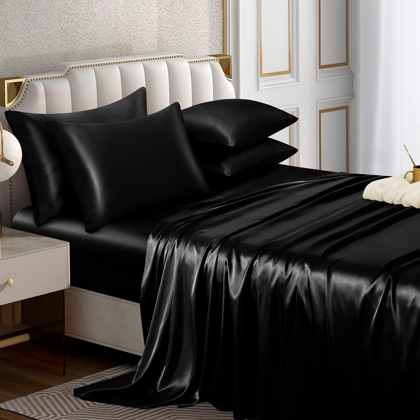 Horbaunal 6 Piece Satin Sheet Set Queen Size Luxury Silky & Soft Black Satin Queen Bed Sheet Set with 16'' Deep Pocket, 1 Fitted