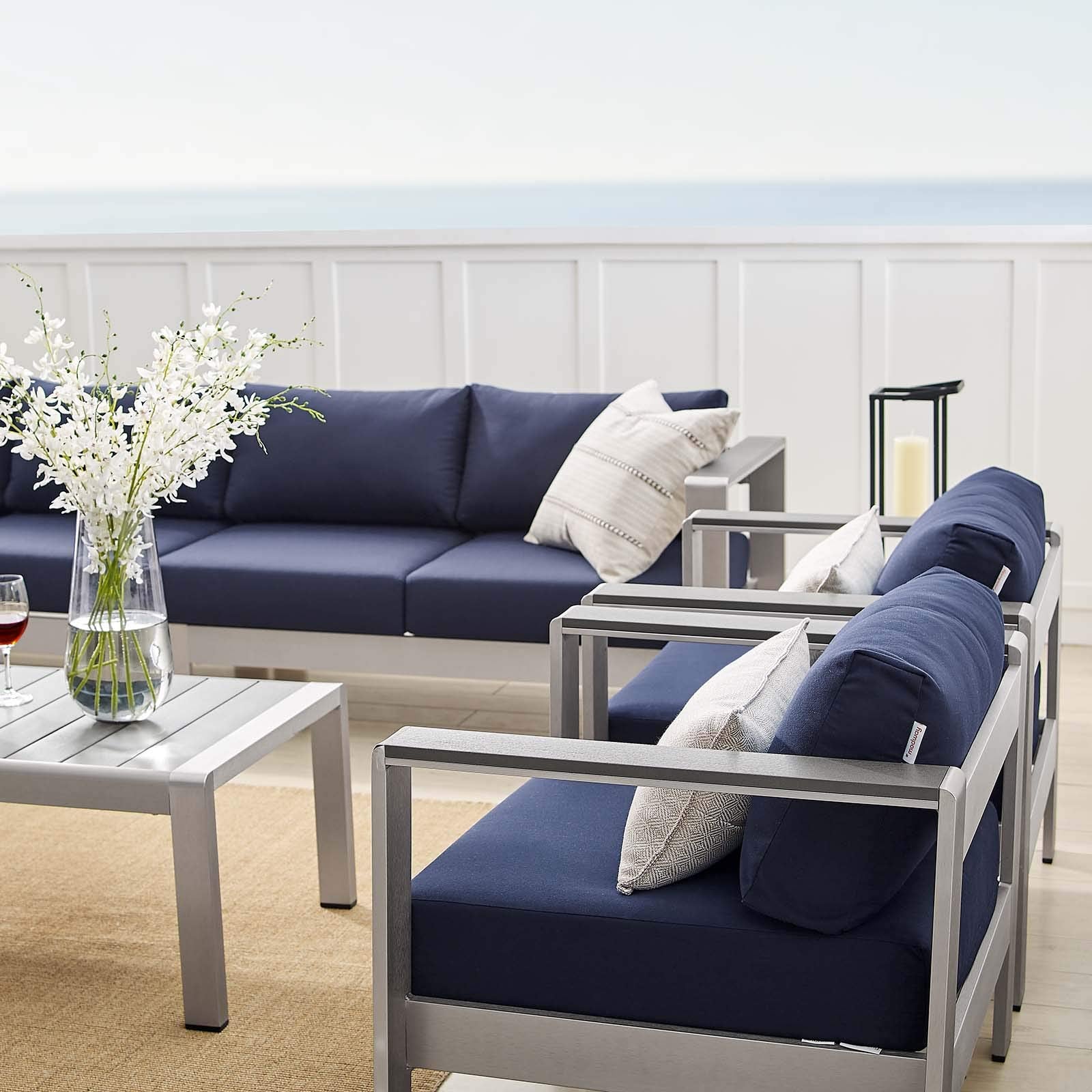 Modway EEI-5481-SLV-NAV-SET Shore Sunbrella Fabric Outdoor Patio Aluminum 7 Piece Silver Navy Sectional Sofa Set, Blue
