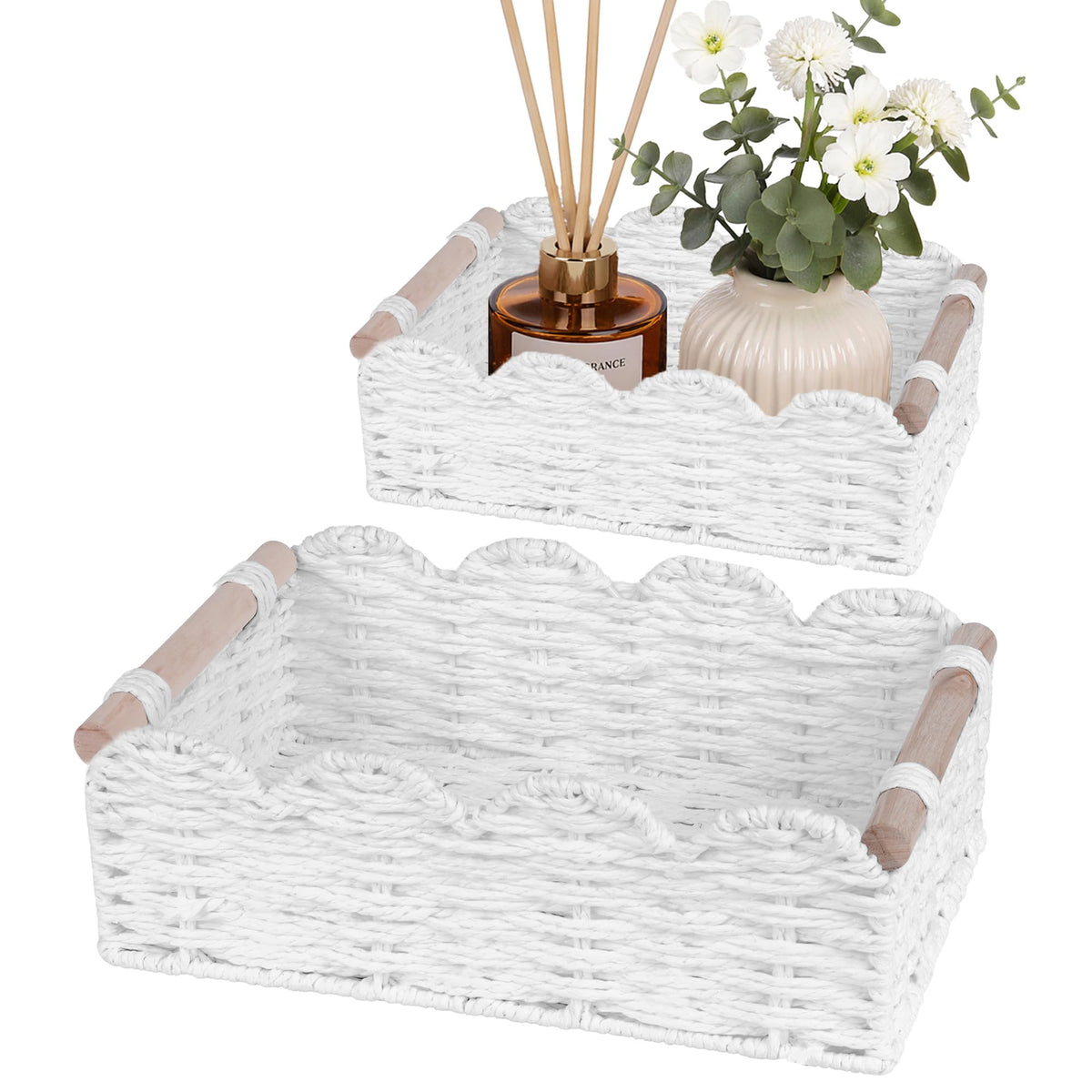 iEGrow Paper Rope Small Storage Baskets for Organizing, Set of 2 Scalloped Edge Wicker Basket with Wooden Handles Toilet Paper B