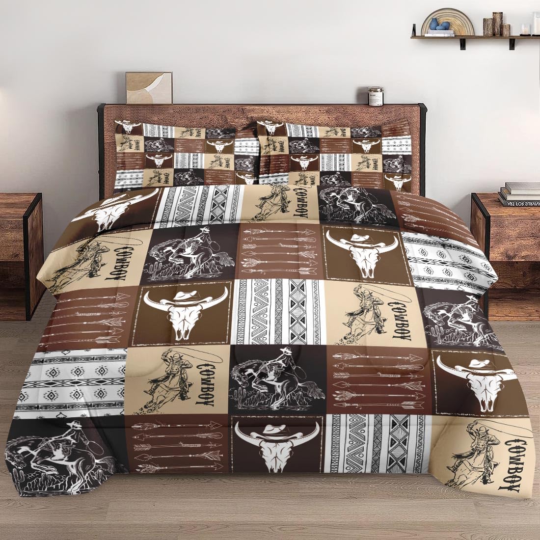 Wecozy 3 Pcs Full Size Comforter Set With 2 Pillowcases, Cowboy Vintage Brown Desert Bedding Set For Kids And Adults, Western An