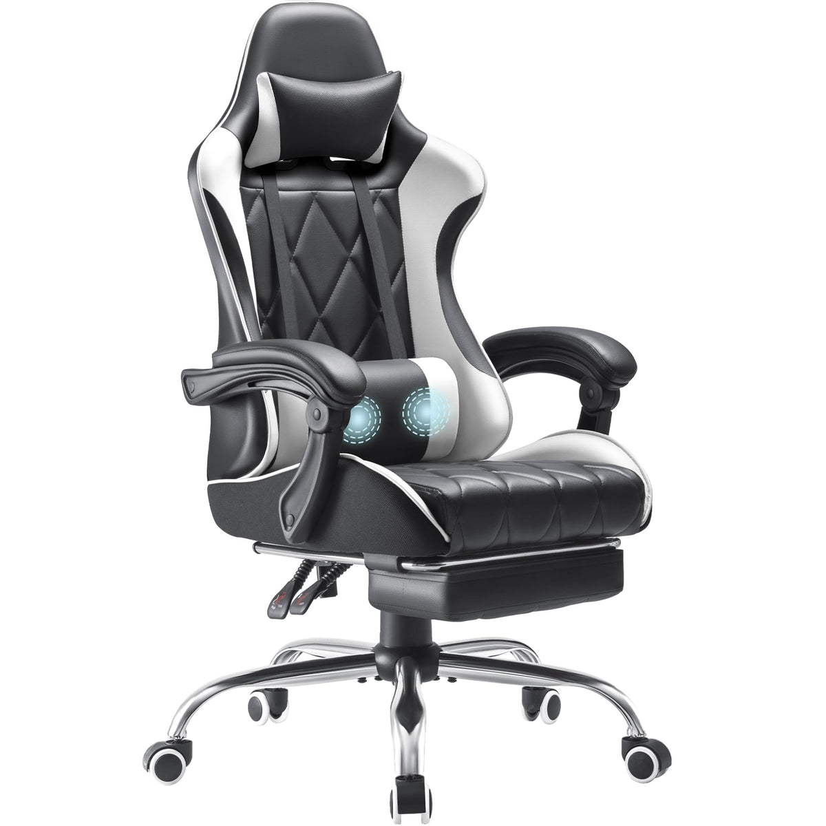 Shahoo Gaming Chair With Footrest And Massage Lumbar Support, Ergonomic Computer Seat Height Adjustable With 360°Swivel And Headrest, White