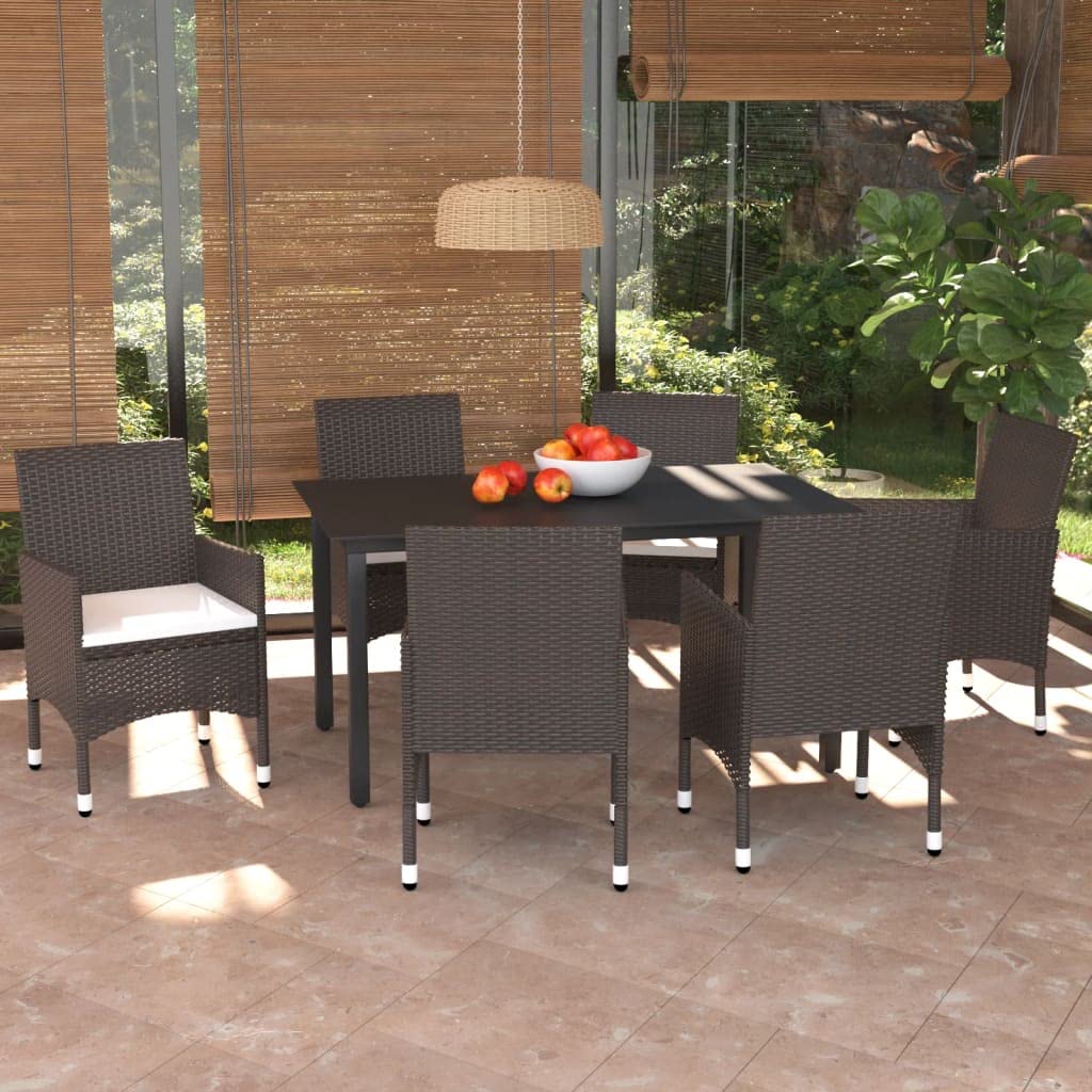 vidaXL Patio Dining Set 7 Piece with Cushions Garden Outdoor Terrace Balcony Dining Table and Chair Seat Seating Furniture Poly Rattan Brown