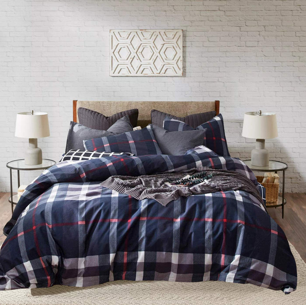 KAREVER Navy Plaid Comforter Set King Multicolor Checkered Bedding Quilt Set Navy Blue Tartan Grid Comforter Striped Women Navy 