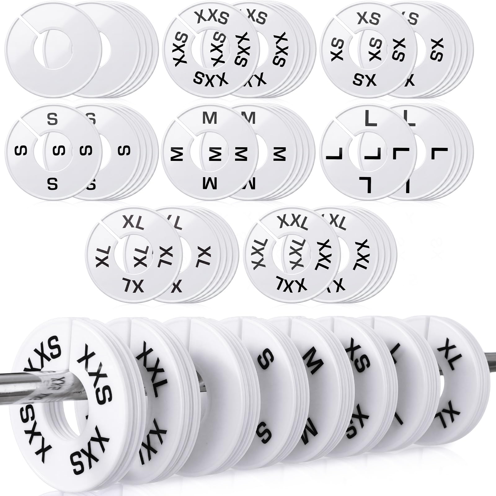 EBOOT 40 Pcs Clothing Size Dividers Retail Round Closet Size Dividers Hangers Plastic Clothes Rack Preprinted in XXS to XXL for 
