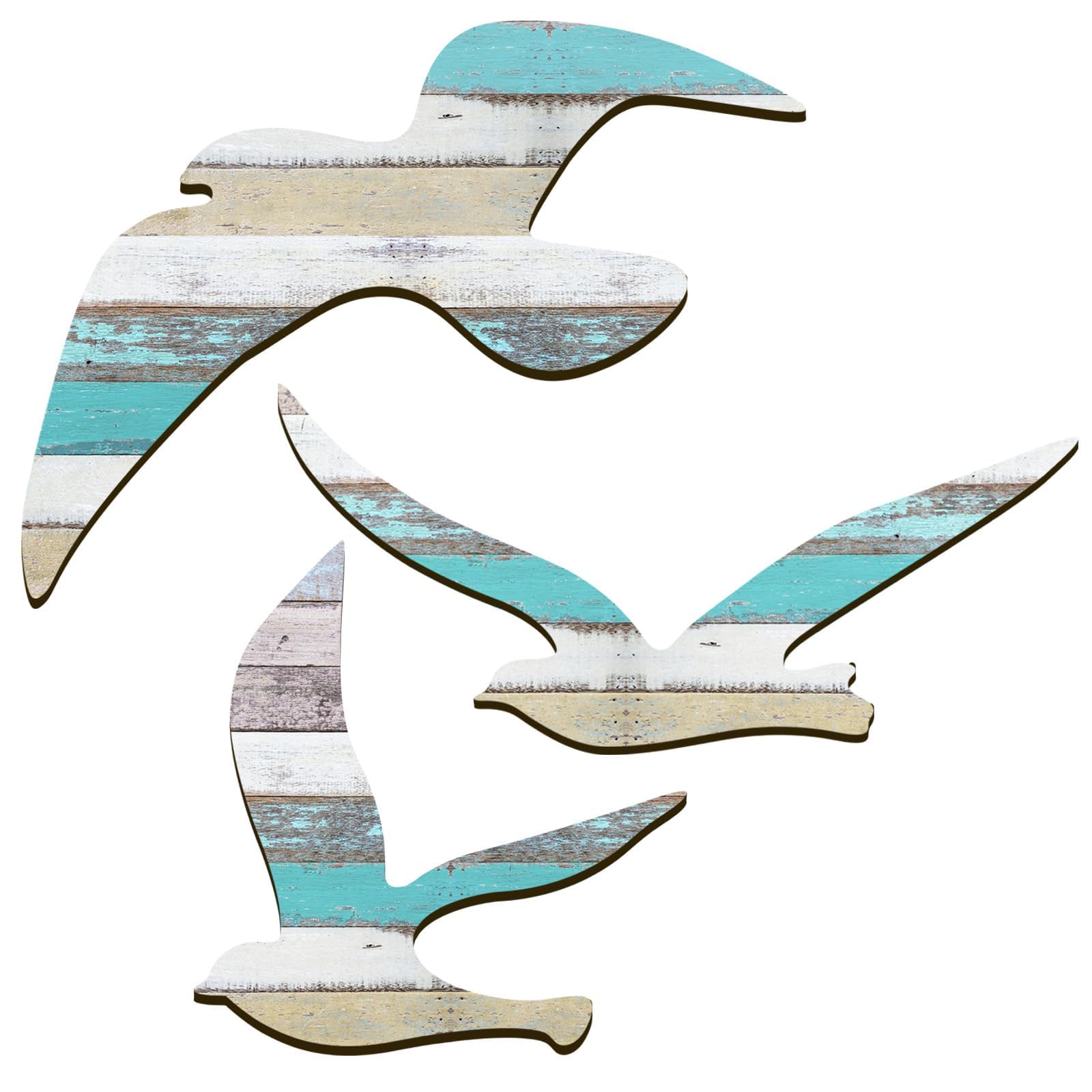 HINGTAI 3Pcs Wood Seagull Beach Wall Decor, Wall Art Beach Decorations Nautical Self-adhesive Seagull Decorations Coastal Themed