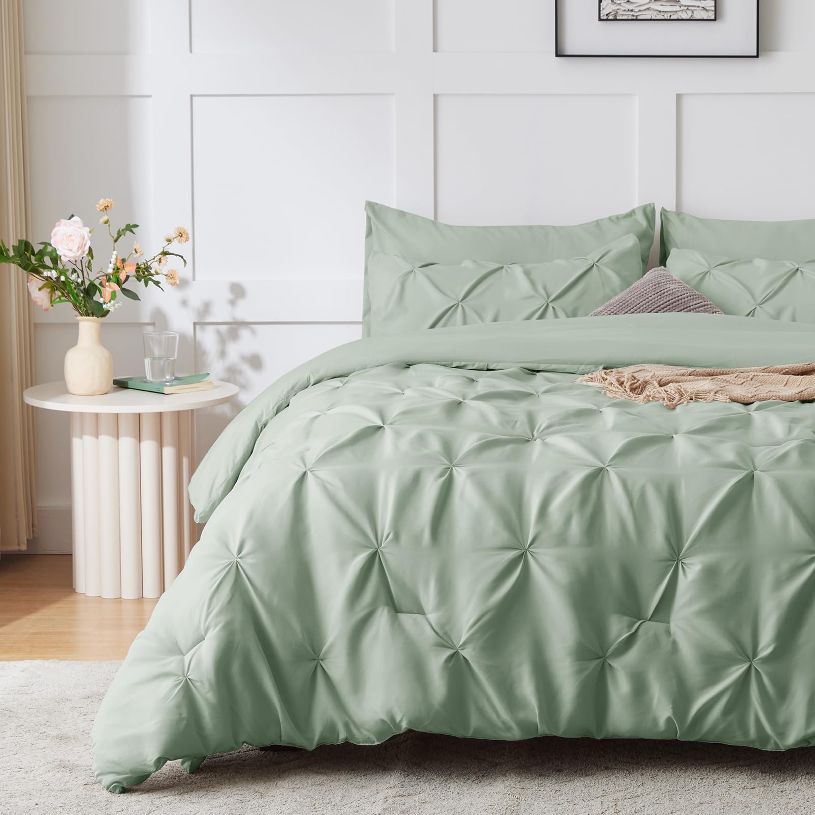 Himhimeet Sage Green Comforter Set Queen 7 Pieces Green Comforter Queen Bedding Set Pintuck Green Queen Comforter Set Pinch Plea