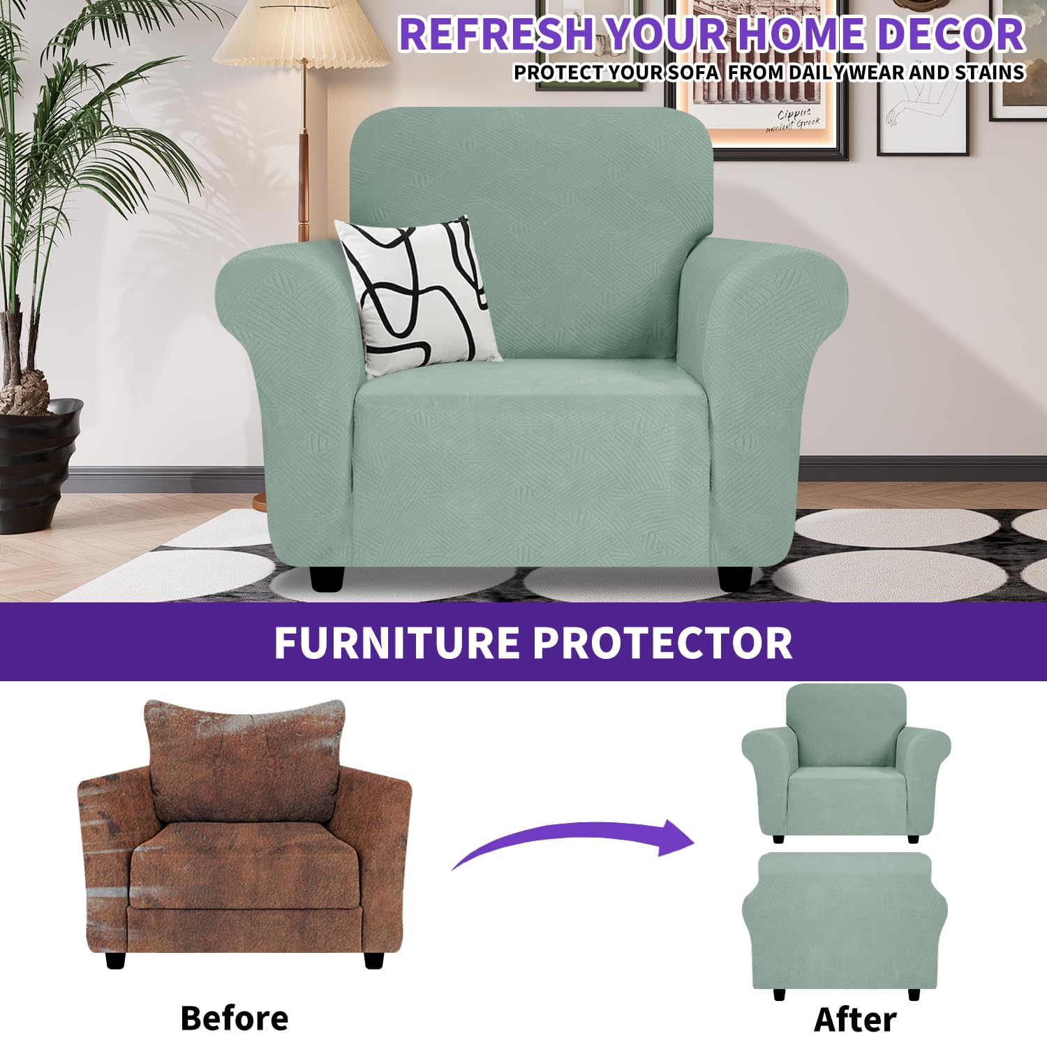 Znsayotx Super Stretch Chair Slipcover (31'-46'), New Striped Sofa Chair Covers For Living Room, Dogs Pet Friendly Anti-Slip Chair Protector Spandex Armchair Slipcovers (Pea Green, Chair)